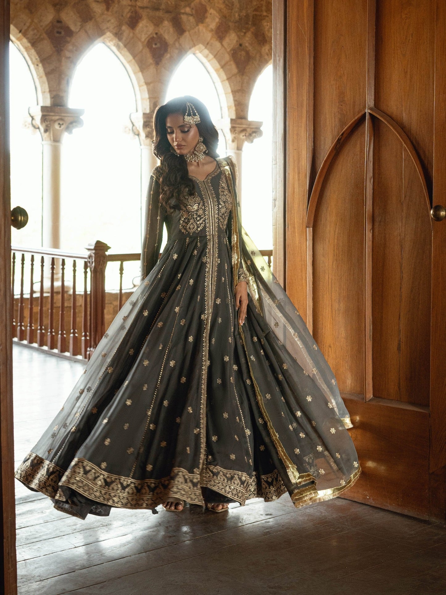 Grey-Hani & Umaima Pure Chiffon Embroidered Pishwas-Myera