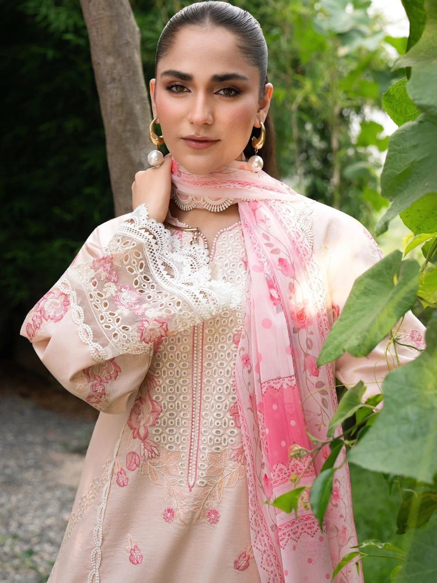 Pink-Chandan Nagri Lawn Cotton Embroidered Stitched 3-Piece Suit-Ashen Grace