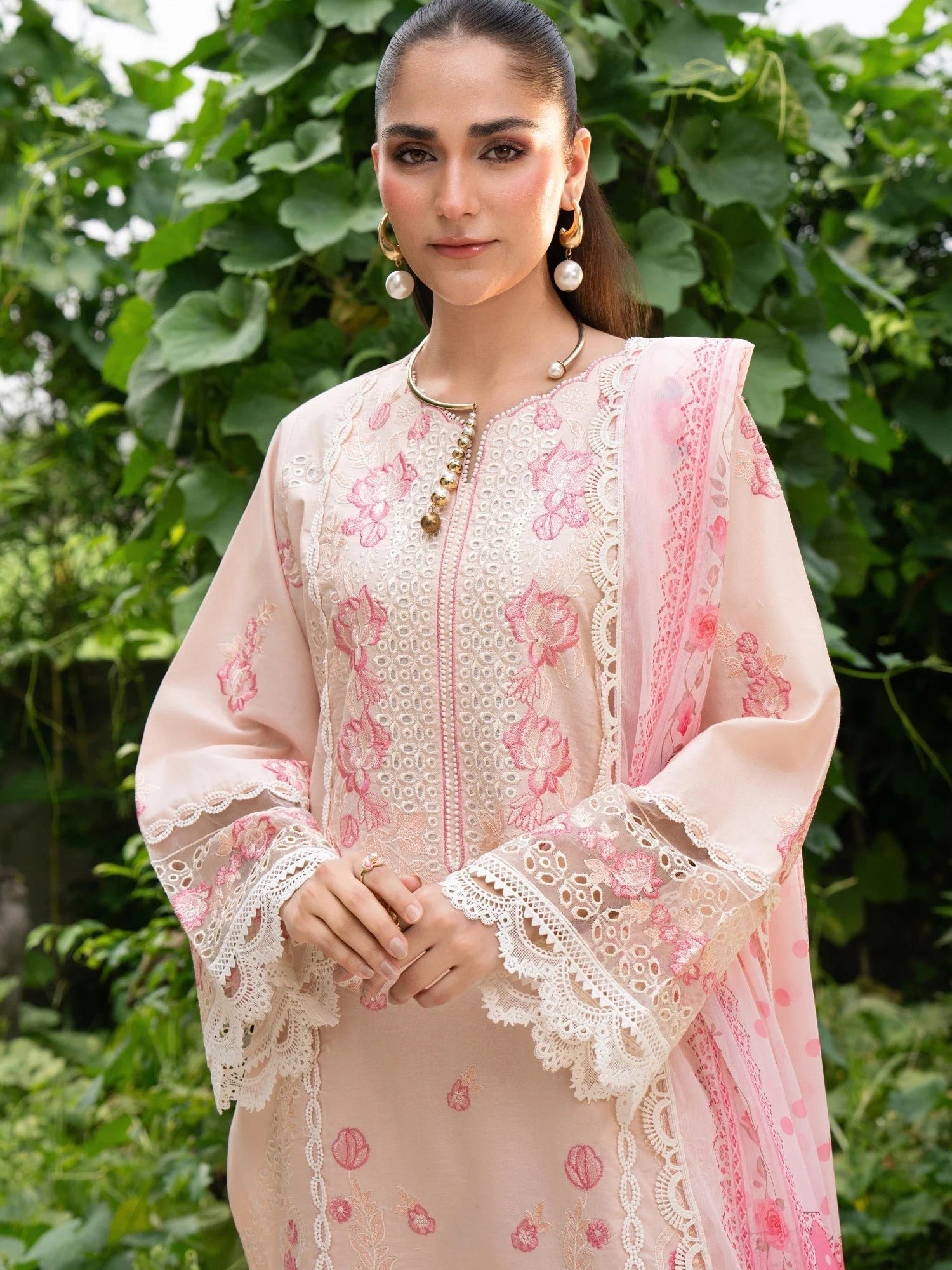 Pink-Chandan Nagri Lawn Cotton Embroidered Stitched 3-Piece Suit-Ashen Grace