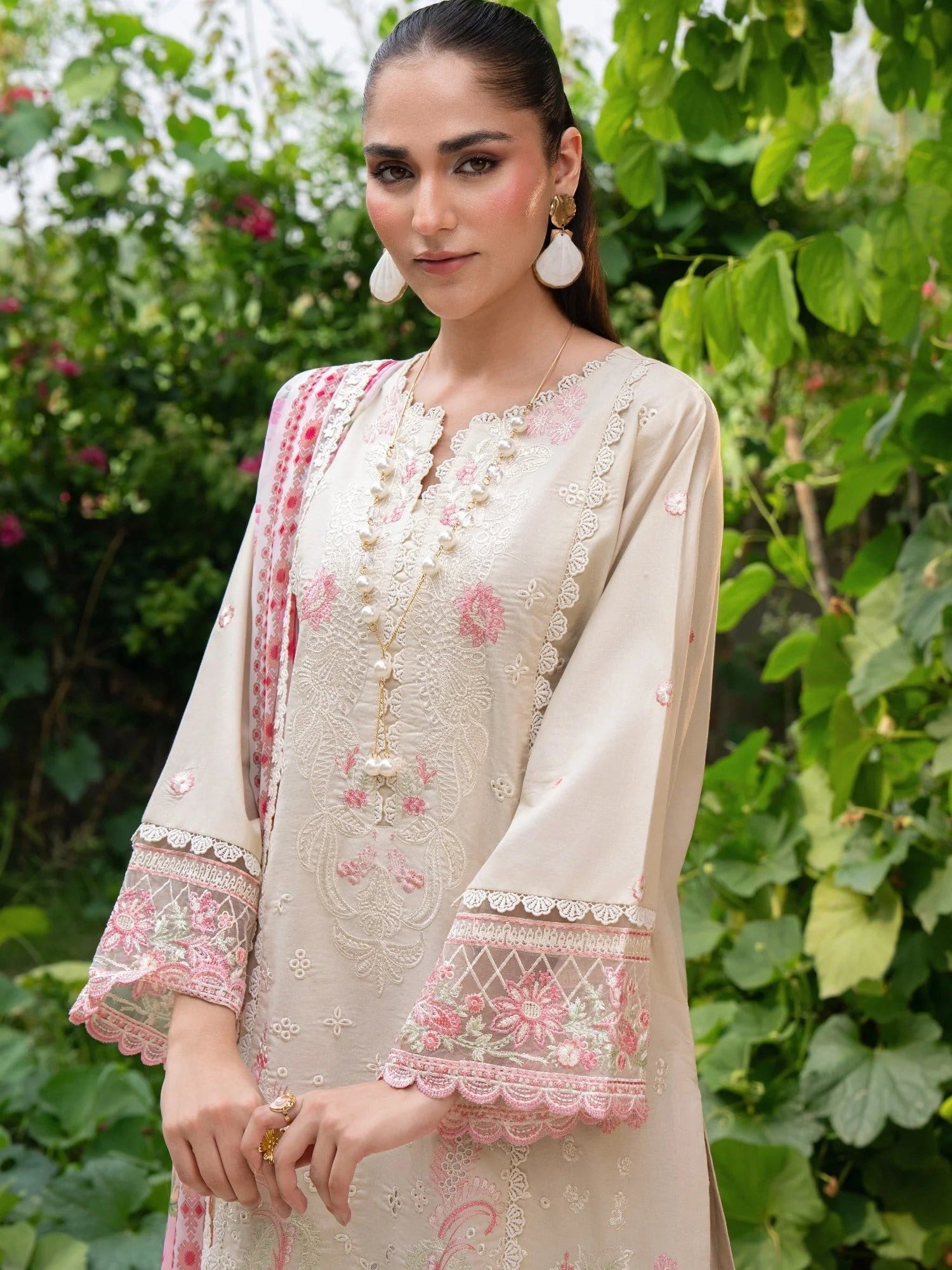 Cream and Pink-Chandan Nagri Lawn Cotton Embroidered Stitched 3-Piece Suit-Eclipse Veil