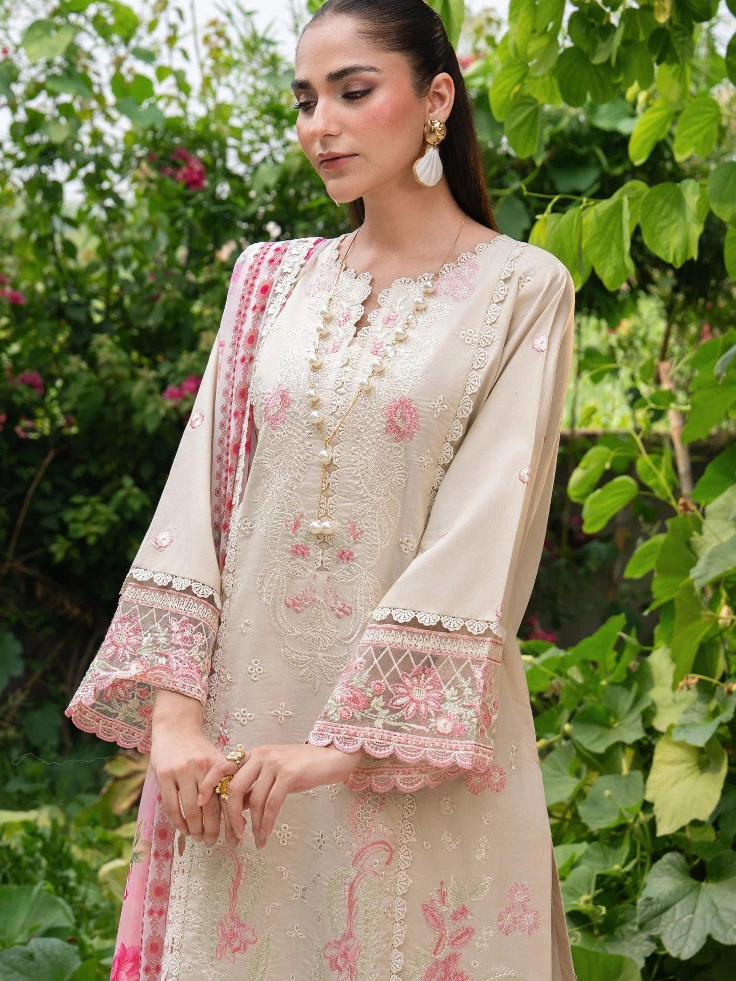 Cream and Pink-Chandan Nagri Lawn Cotton Embroidered Stitched 3-Piece Suit-Eclipse Veil