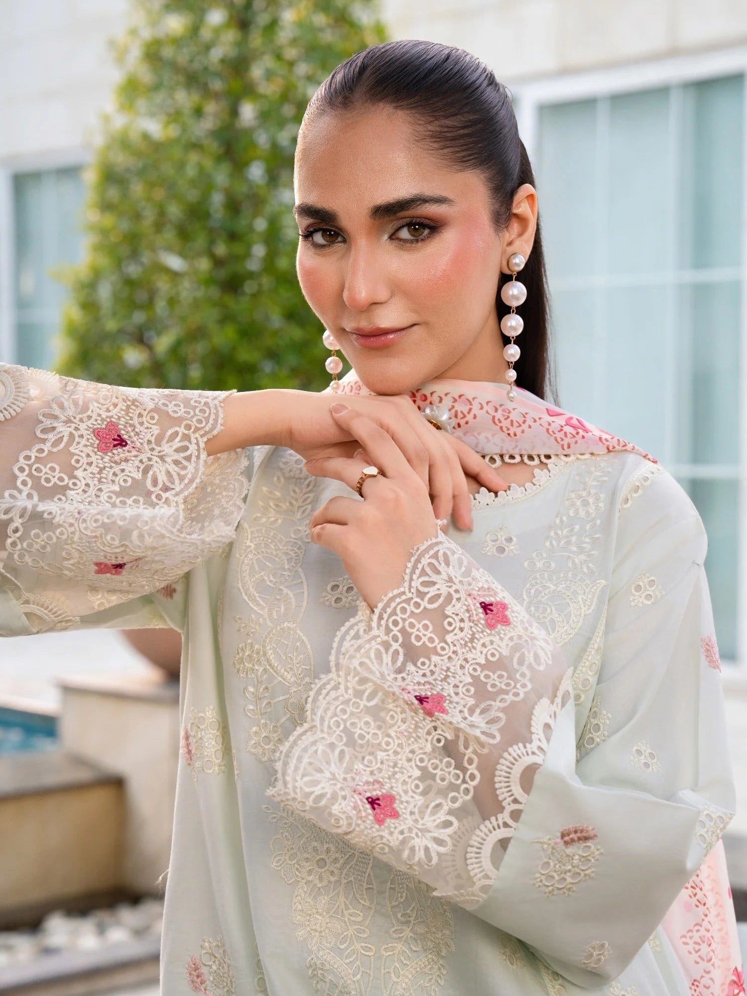 Mint green-Chandan Nagri Lawn Cotton Embroidered Stitched 3-Piece Suit-Whimsay pine