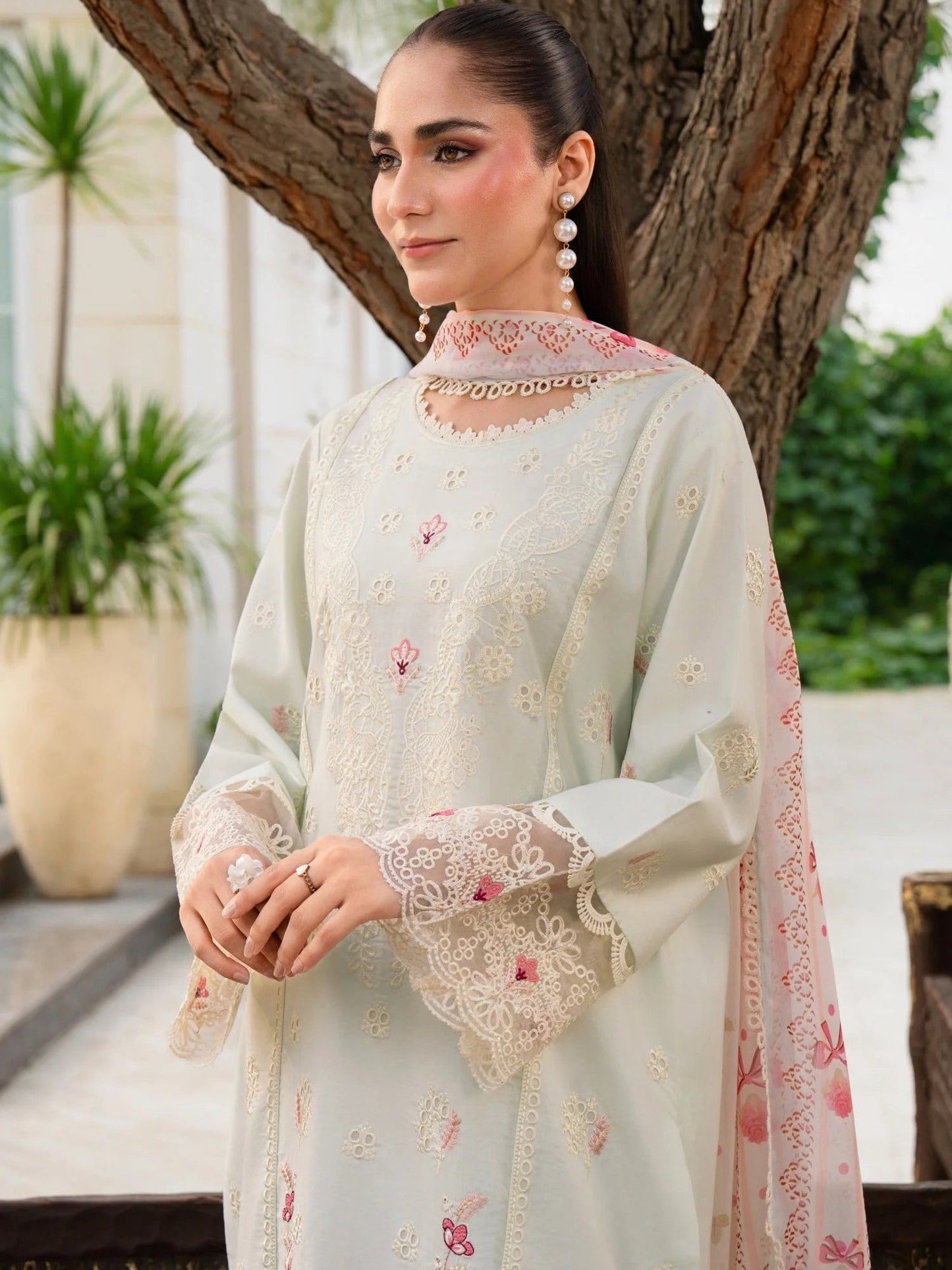 Mint green-Chandan Nagri Lawn Cotton Embroidered Stitched 3-Piece Suit-Whimsay pine