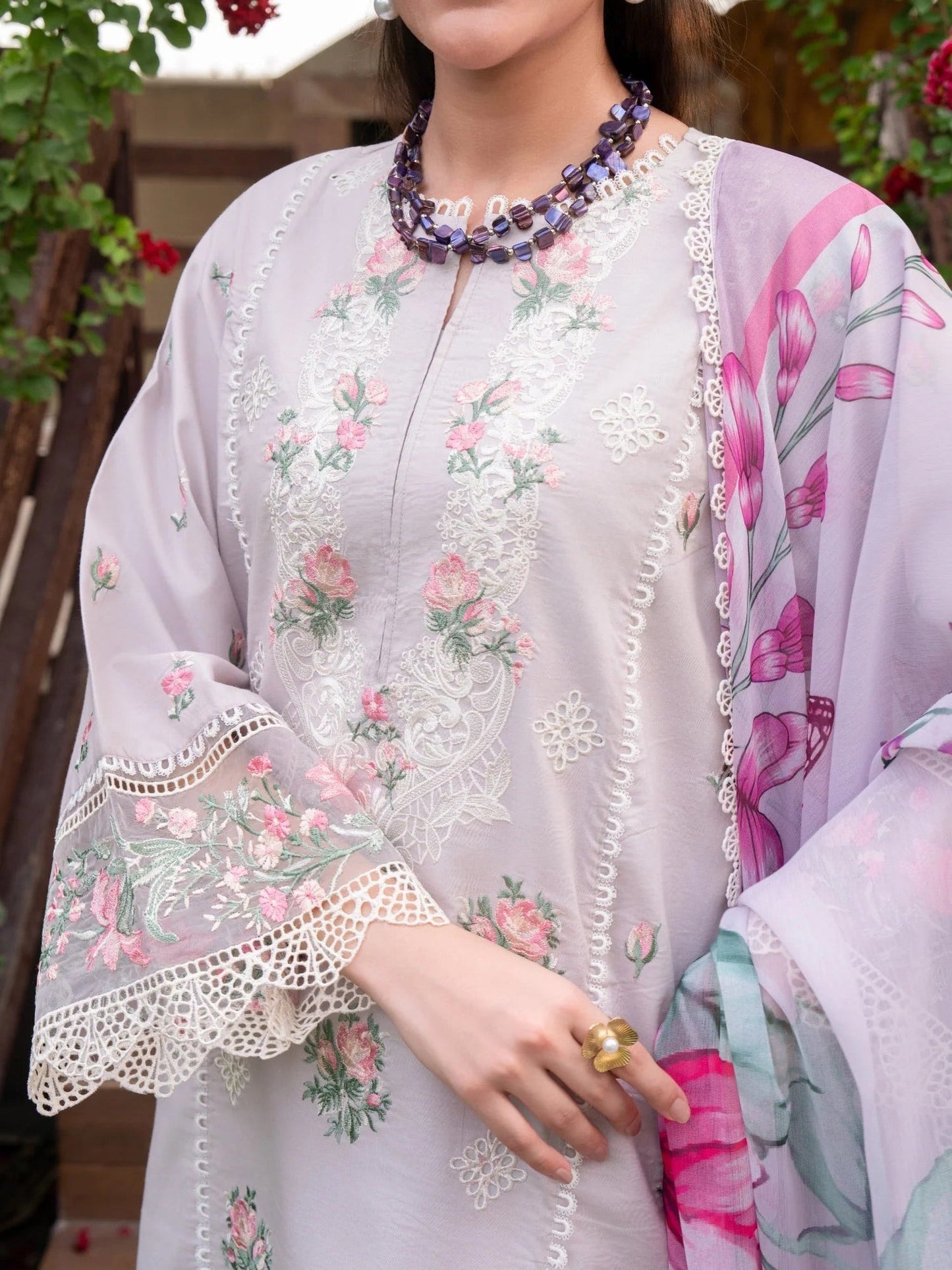Purple-Chandan Nagri Lawn Cotton Embroidered Stitched 3-Piece Suit-Verdant glow