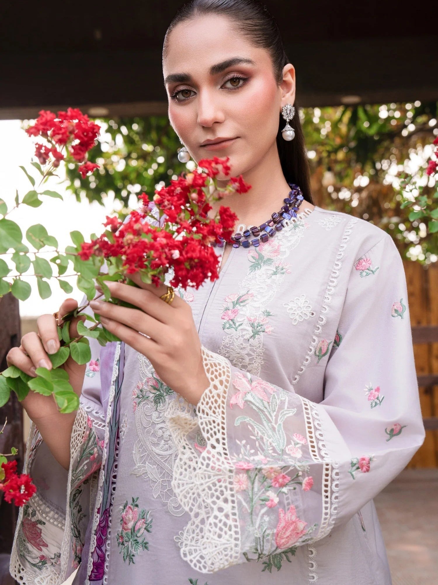 Purple-Chandan Nagri Lawn Cotton Embroidered Stitched 3-Piece Suit-Verdant glow