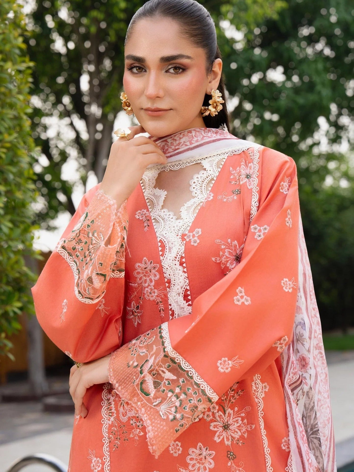 Peach-Chandan Nagri Lawn Cotton Embroidered Stitched 3-Piece Suit-Elina Aura