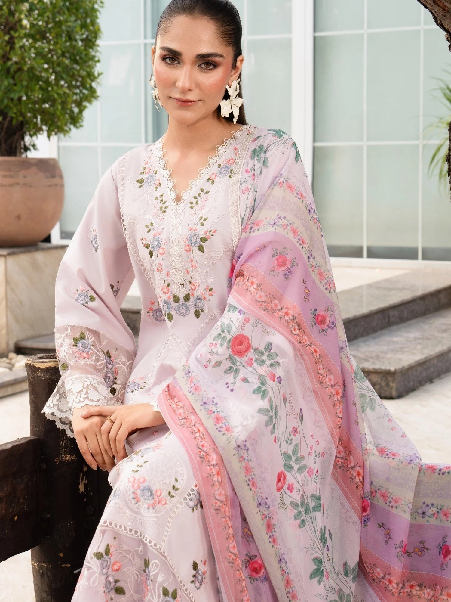 Lilac-Chandan Nagri Lawn Cotton Embroidered Stitched 3-Piece Suit-Lilac Mae
