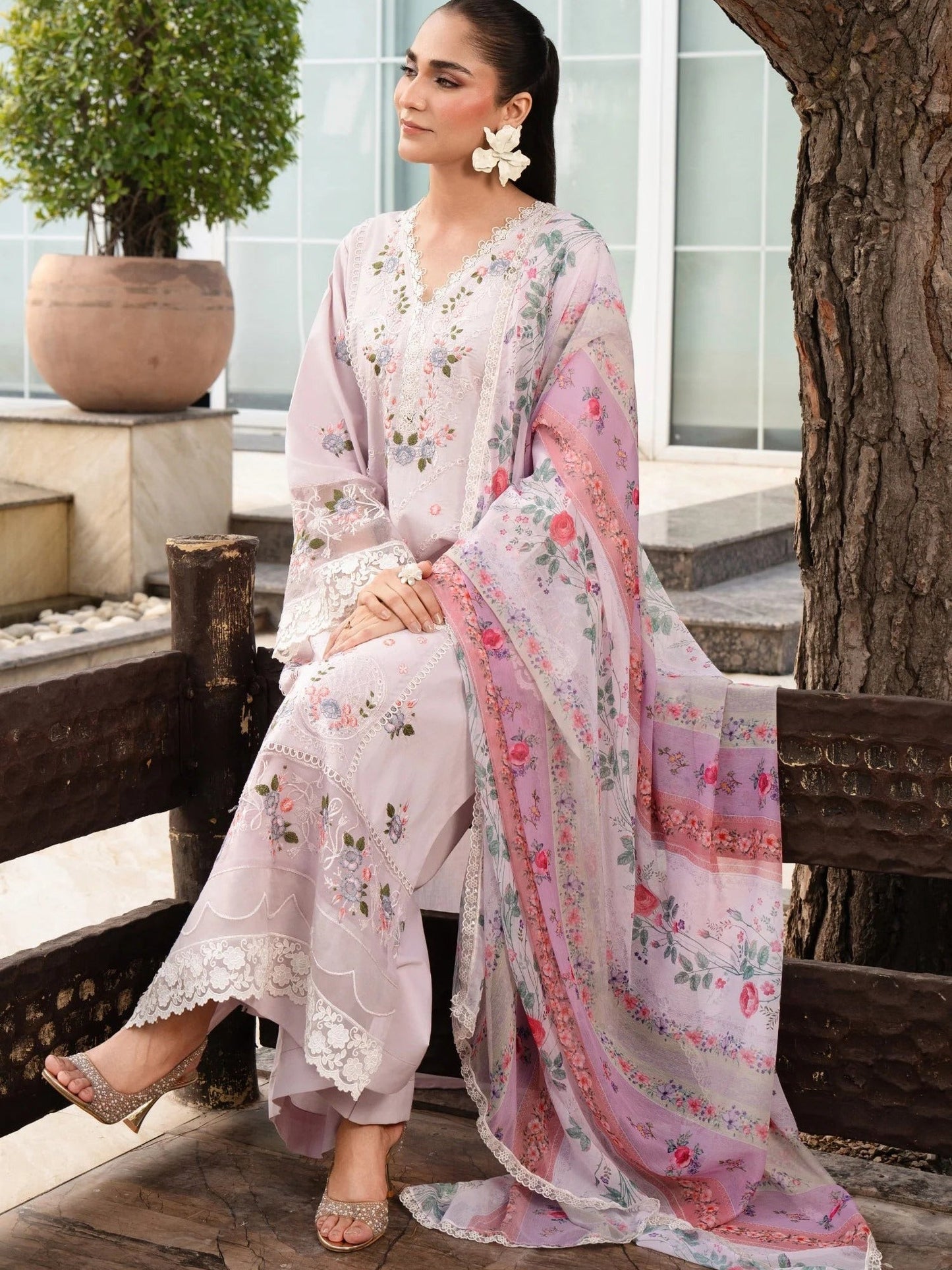 Lilac-Chandan Nagri Lawn Cotton Embroidered Stitched 3-Piece Suit-Lilac Mae