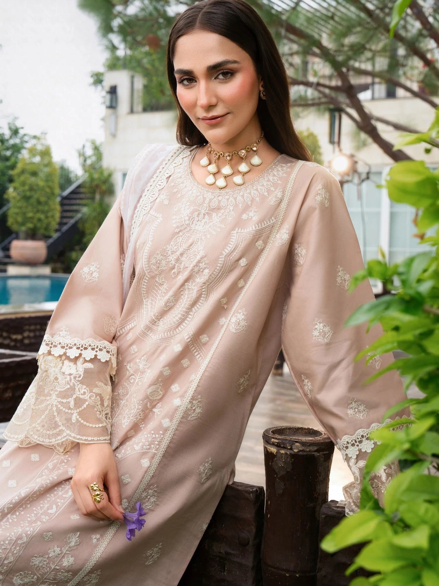 Pink-Chandan Nagri Lawn Cotton Embroidered Stitched 3-Piece Suit-Paradise tale