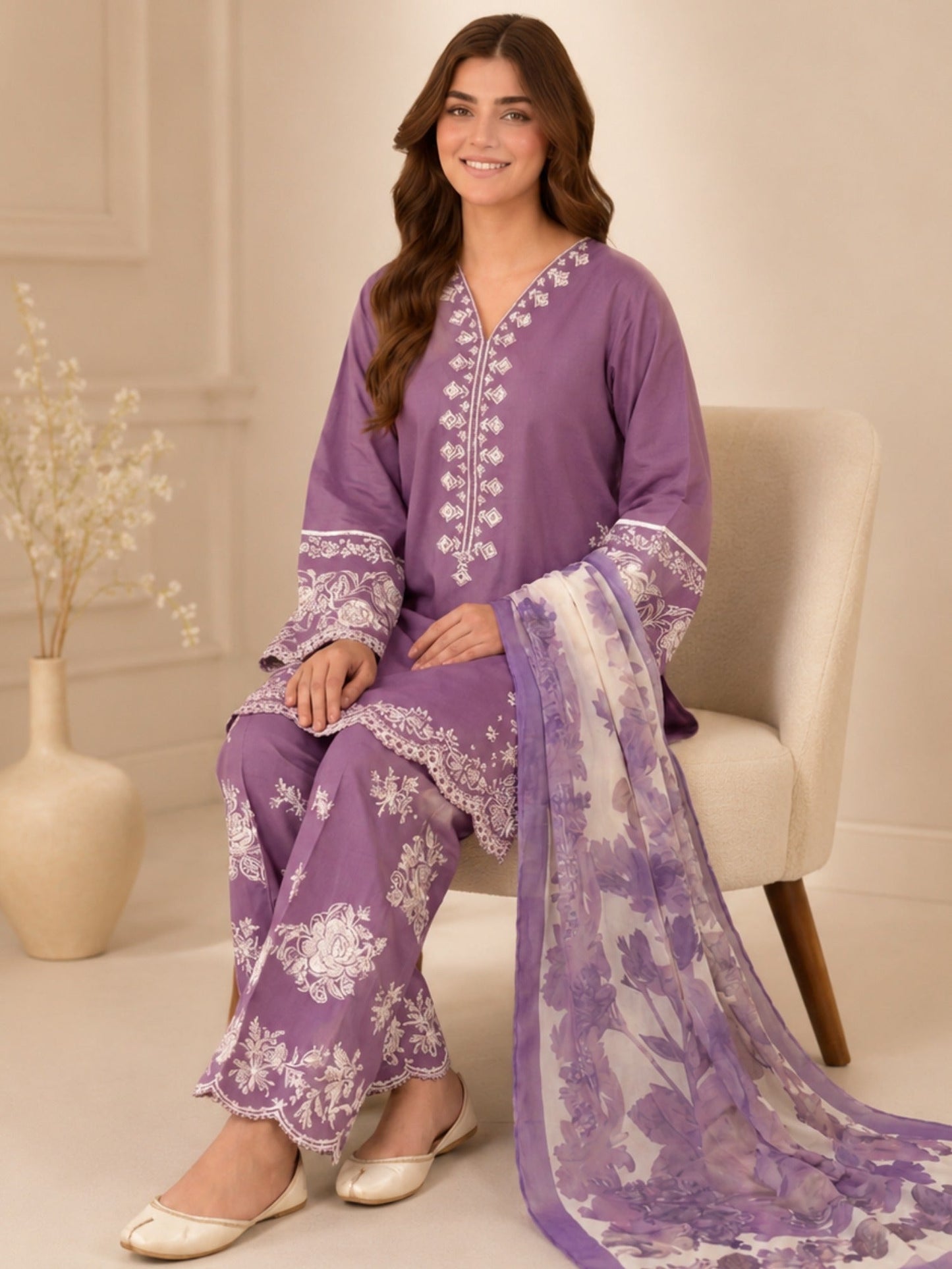 Alina Lime Lawn Embroidered Stitched 3-Piece Suit-Sara