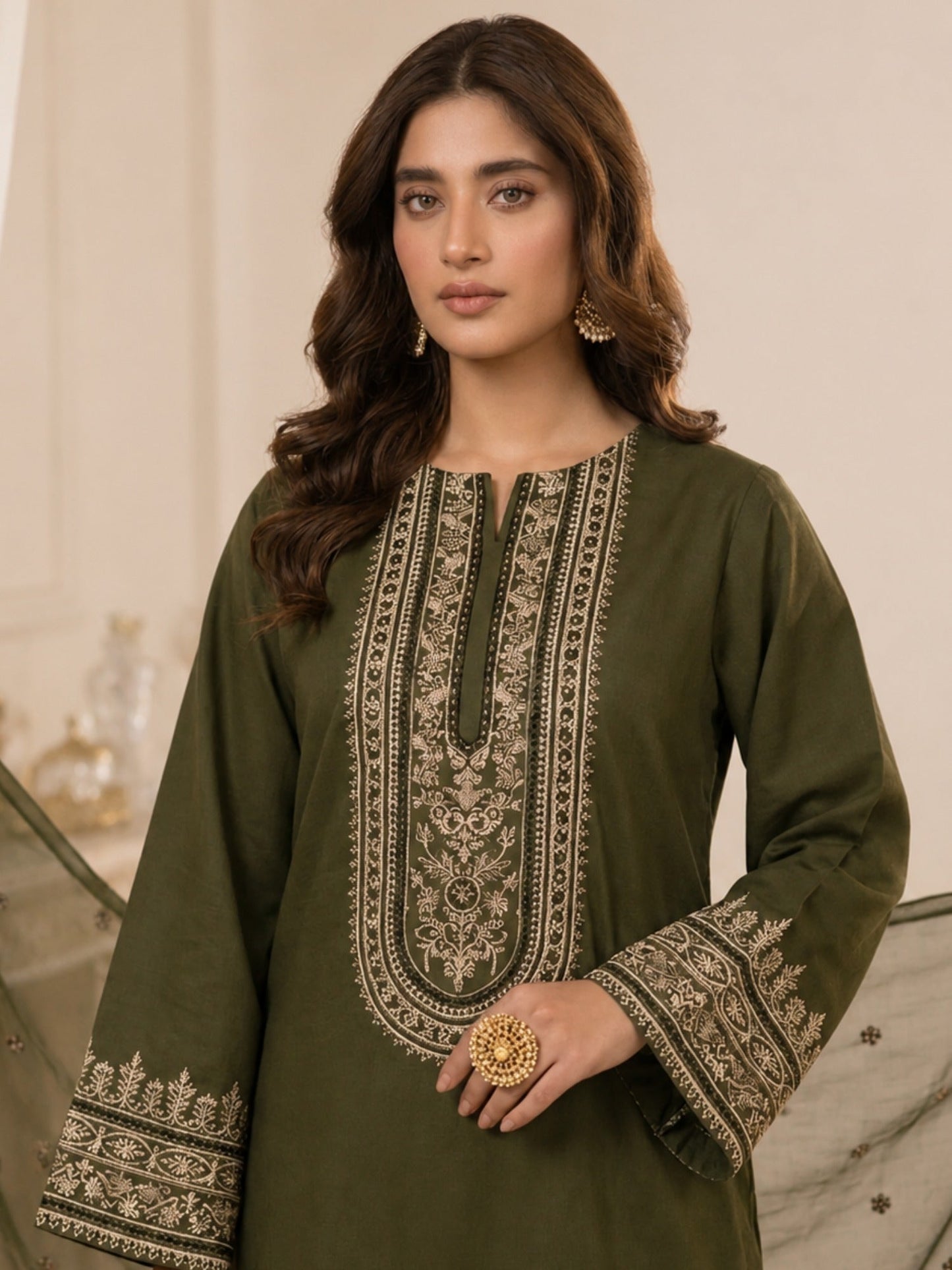 Green Alina Lime Lawn Embroidered Stitched 3-Piece Suit-Gul Bahar