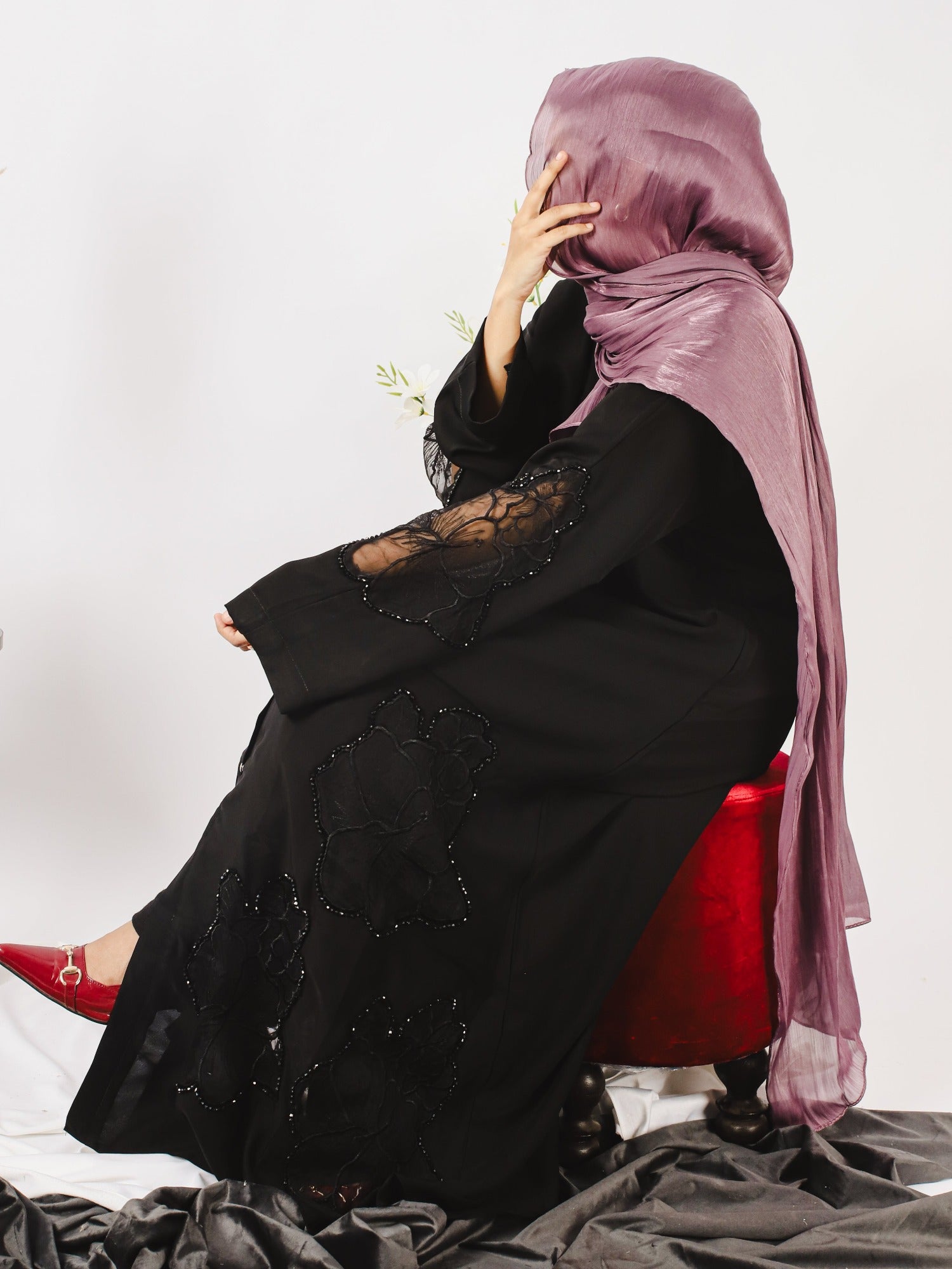 Black-Nourah Nida Embroidered Abaya-Mahal