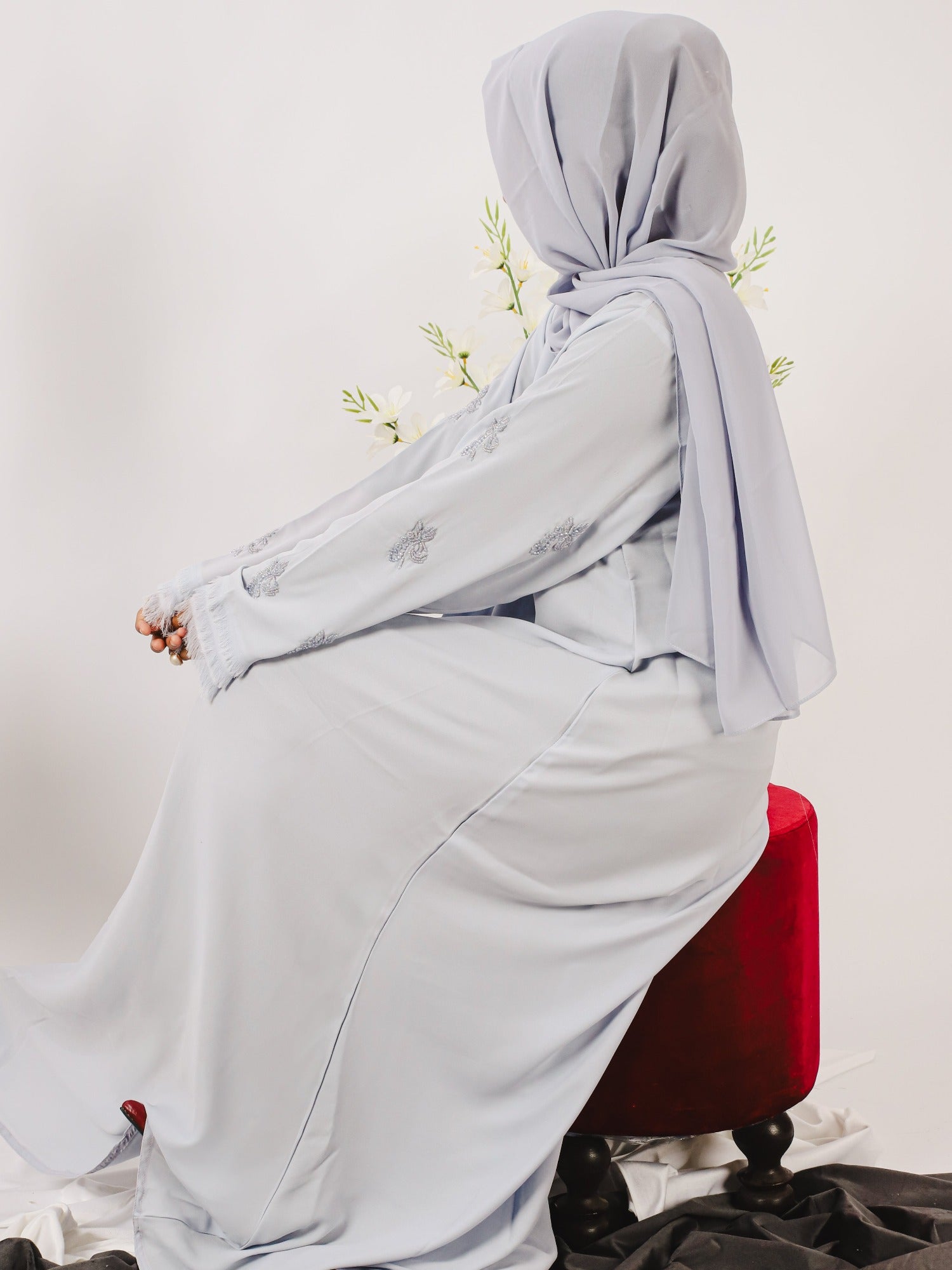 Grey-Nourah Moose Chiffon Embroidered Abaya-Fiza