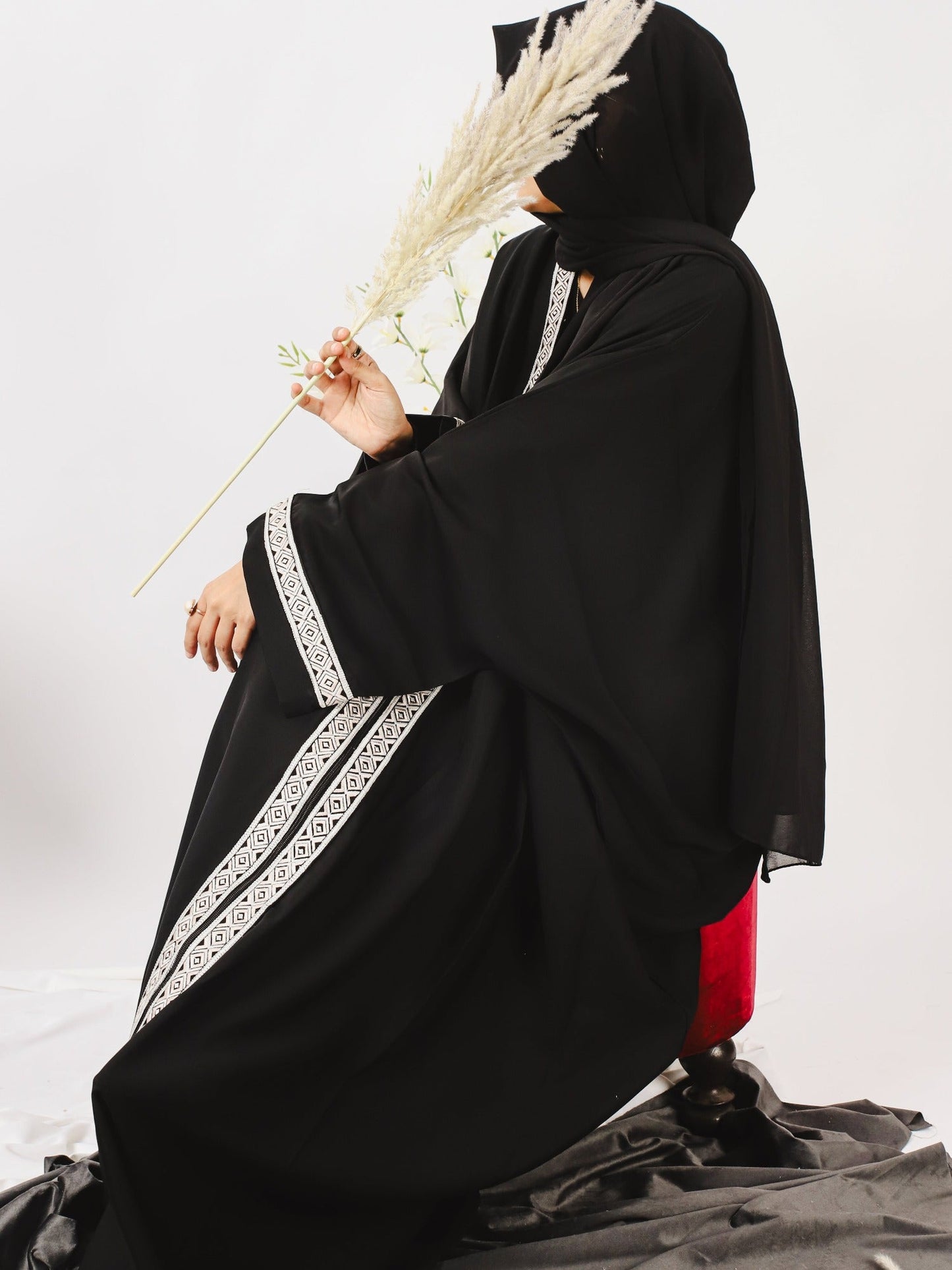 Black-Nourah Nida Embroidered Abaya-Kiran
