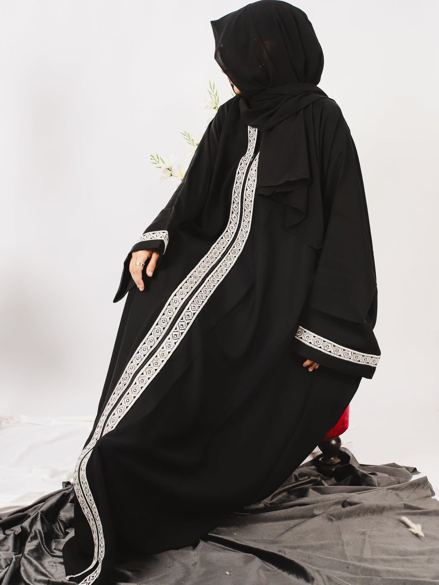 Black-Nourah Nida Embroidered Abaya-Kiran