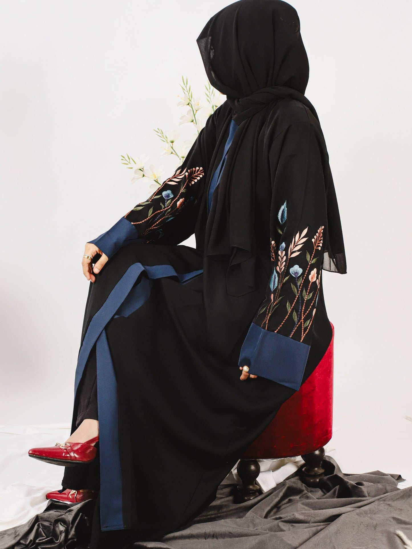 Black and Blue-Nourah Nida Embroidered Abaya-Tabassum