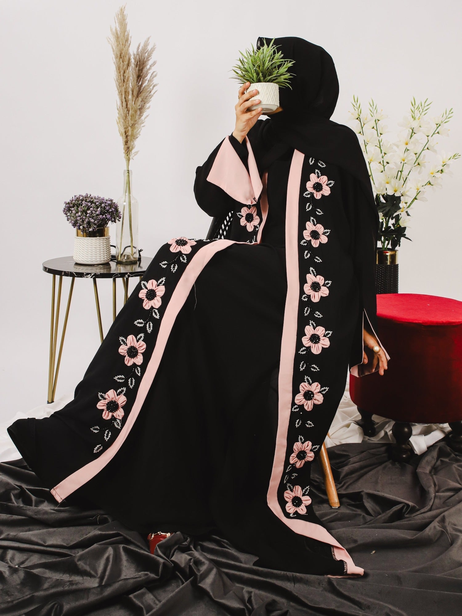 Pink and Black-Nourah Korean Nida Embellished Abaya-Layla