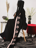 Pink and Black-Nourah Korean Nida Embellished Abaya-Layla