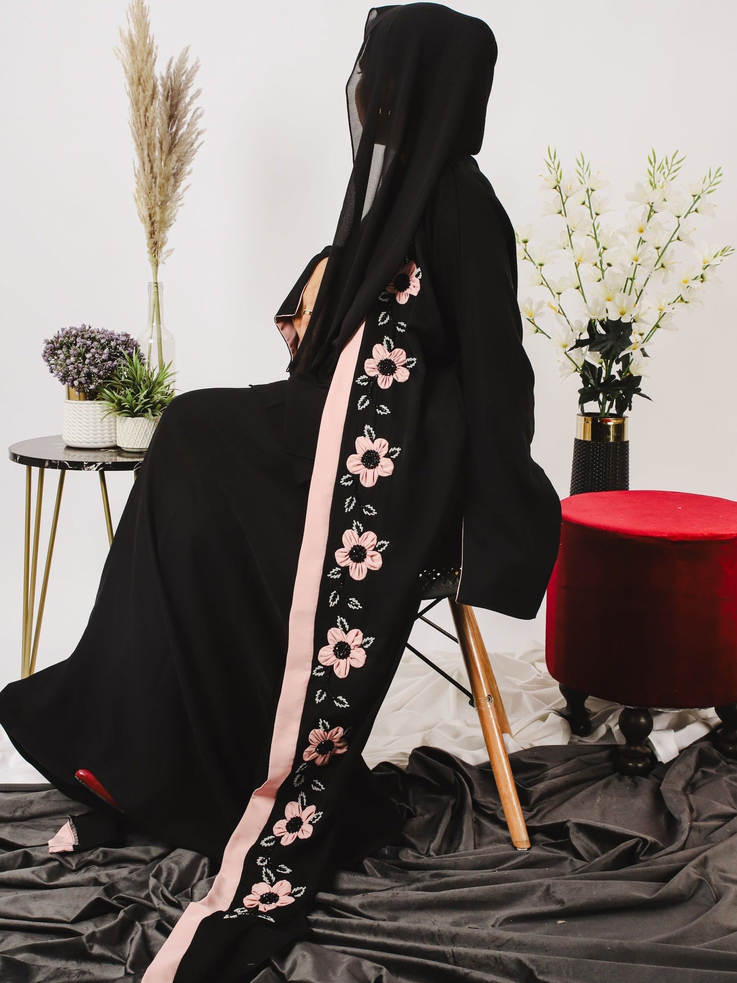 Pink and Black-Nourah Korean Nida Embellished Abaya-Layla