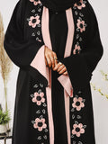 Pink and Black-Nourah Korean Nida Embellished Abaya-Layla