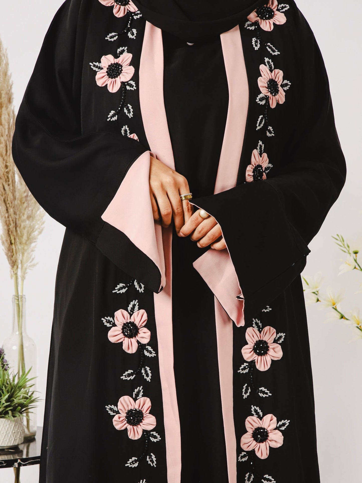 Pink and Black-Nourah Korean Nida Embellished Abaya-Layla