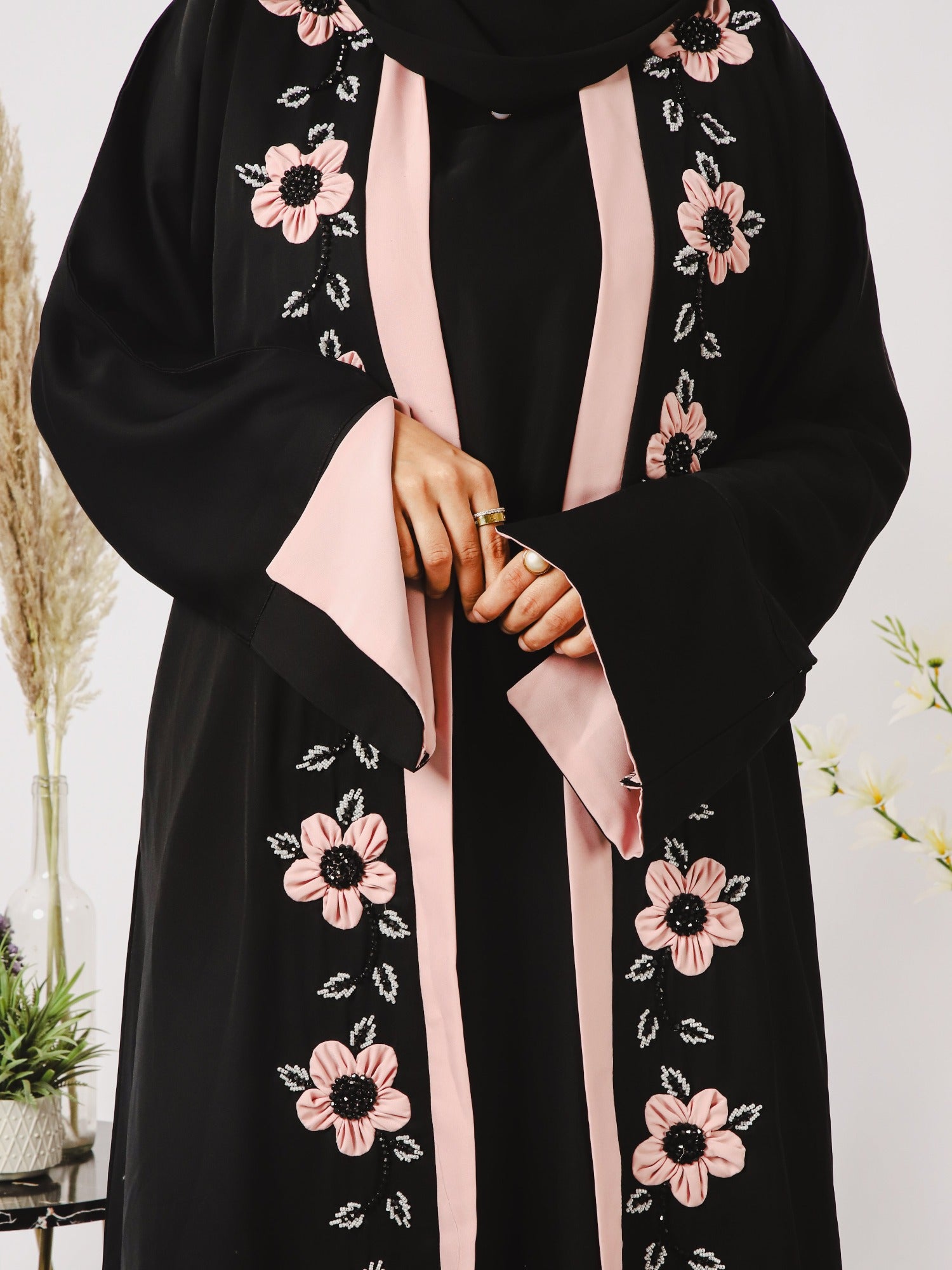 Pink and Black-Nourah Korean Nida Embellished Abaya-Layla