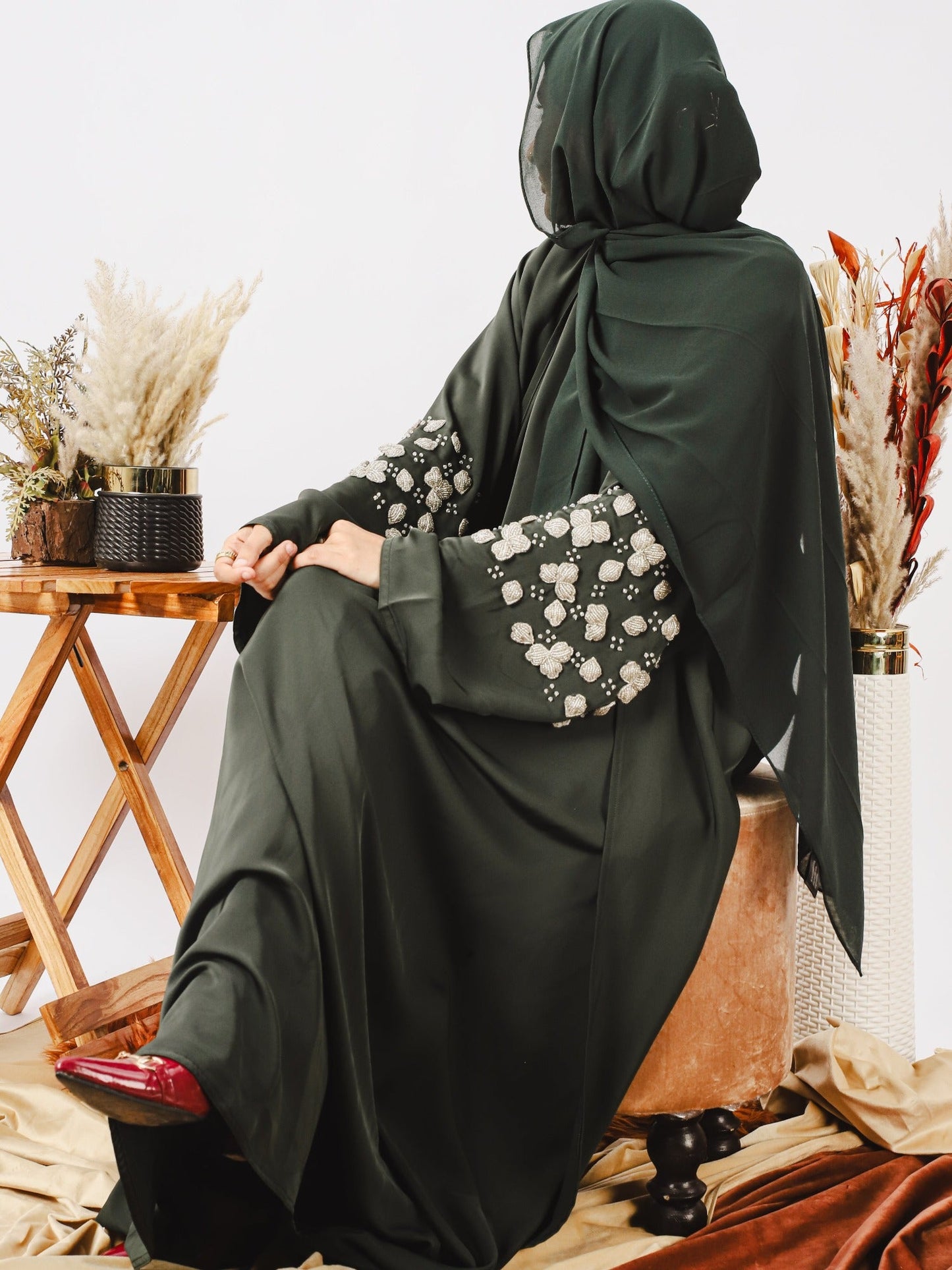 Green-Nourah Nida Embellished Abaya-Abeer