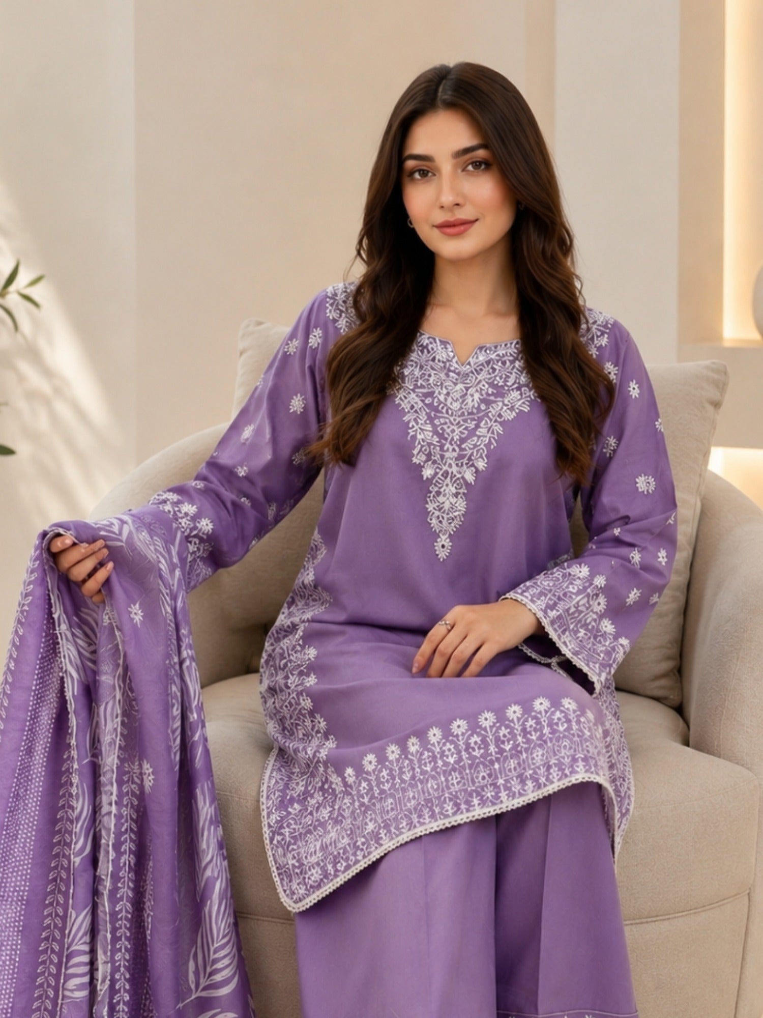 Alina Lime Lawn Embroidered Stitched 3-Piece Suit-Voilet Hoor