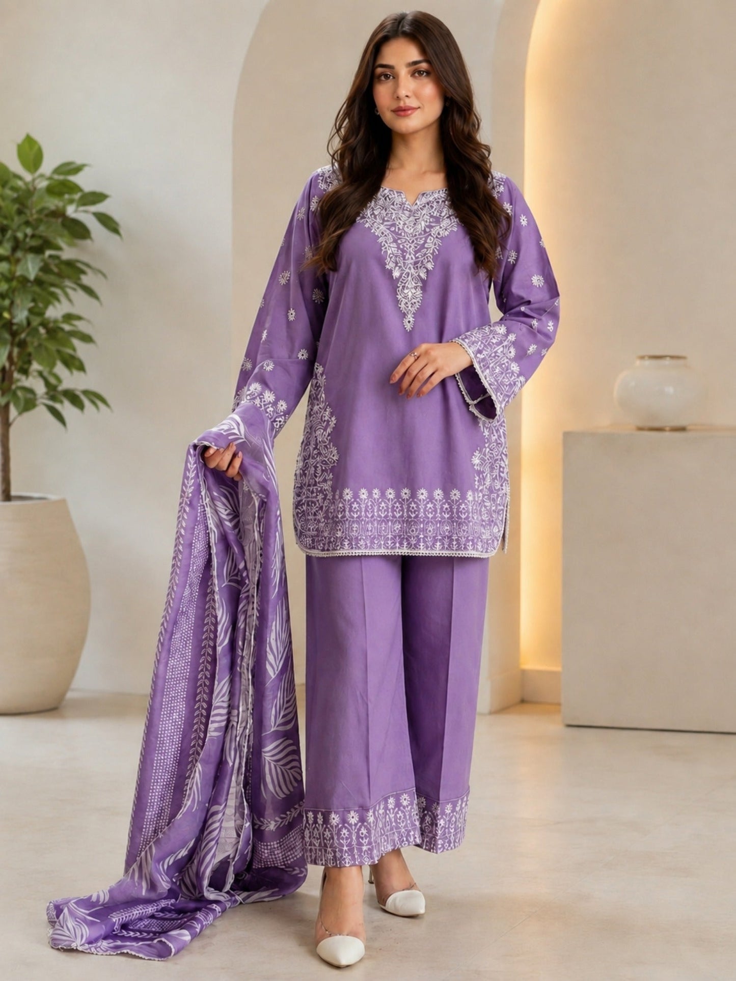 Alina Lime Lawn Embroidered Stitched 3-Piece Suit-Voilet Hoor