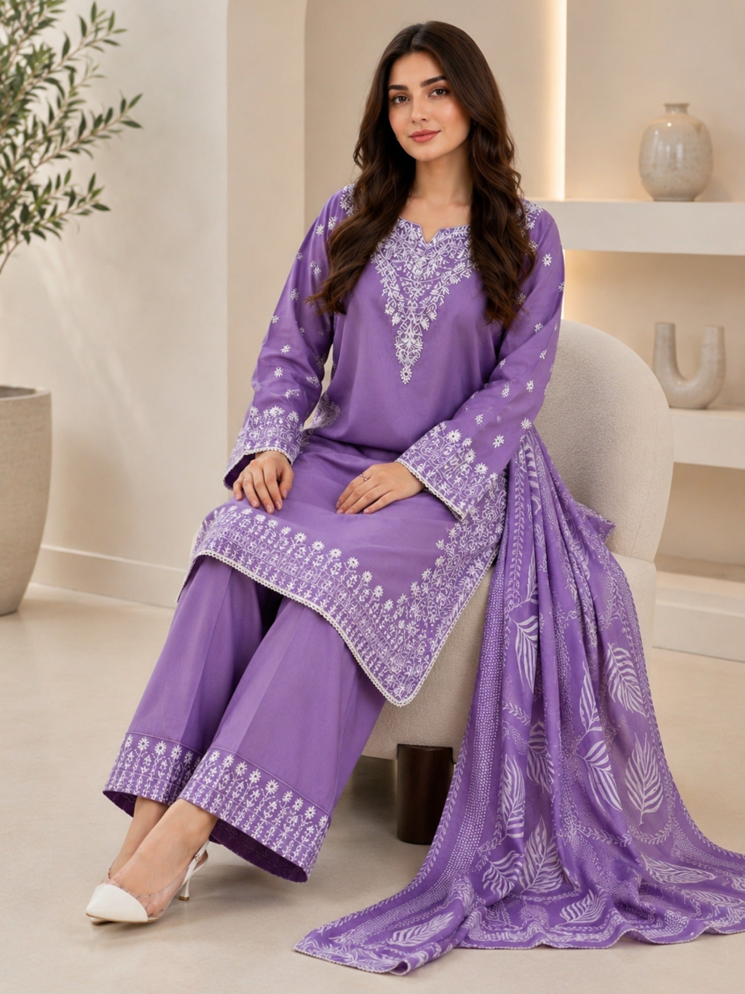 Alina Lime Lawn Embroidered Stitched 3-Piece Suit-Voilet Hoor