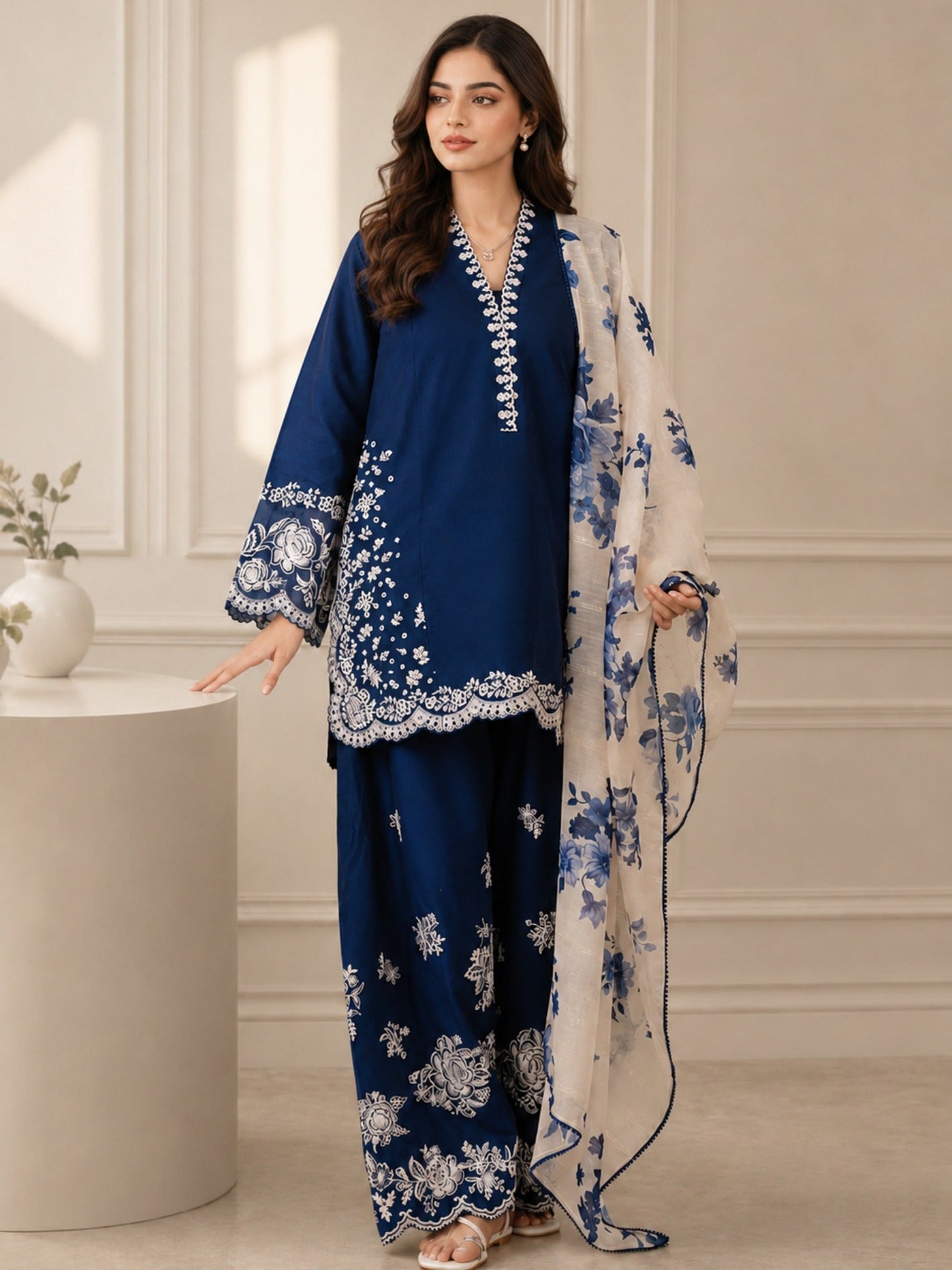 Blue Alina Lime Lawn Embroidered Stitched 3-Piece Suit-Blue Floral
