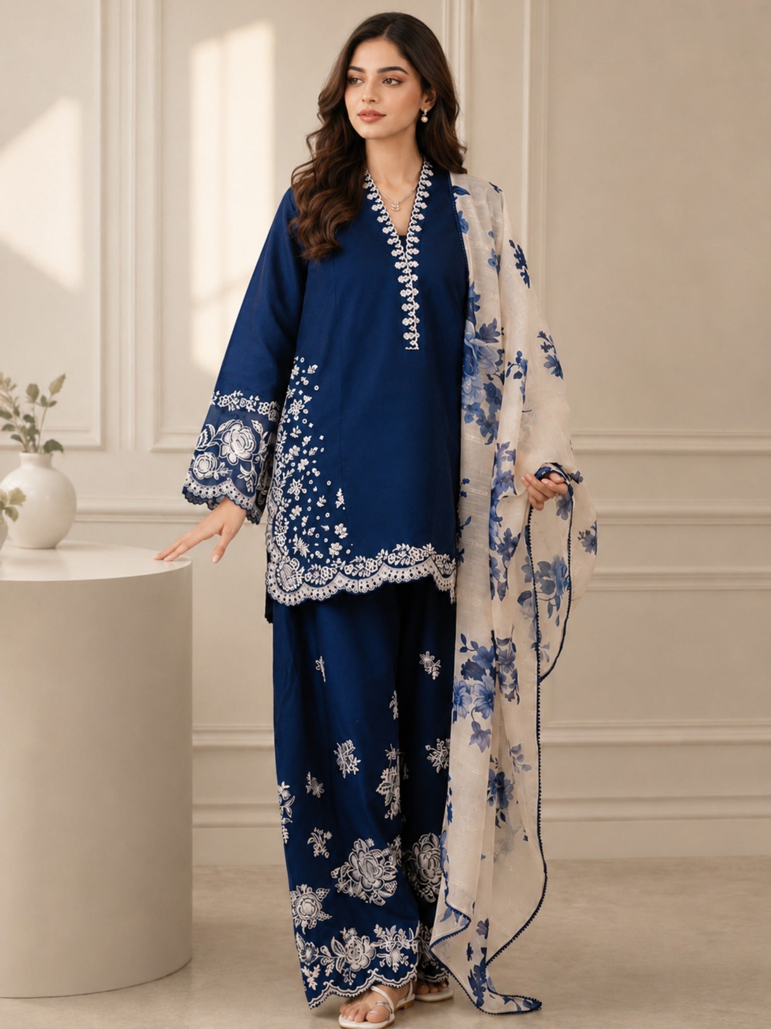 Blue Alina Lime Lawn Embroidered Stitched 3-Piece Suit-Blue Floral