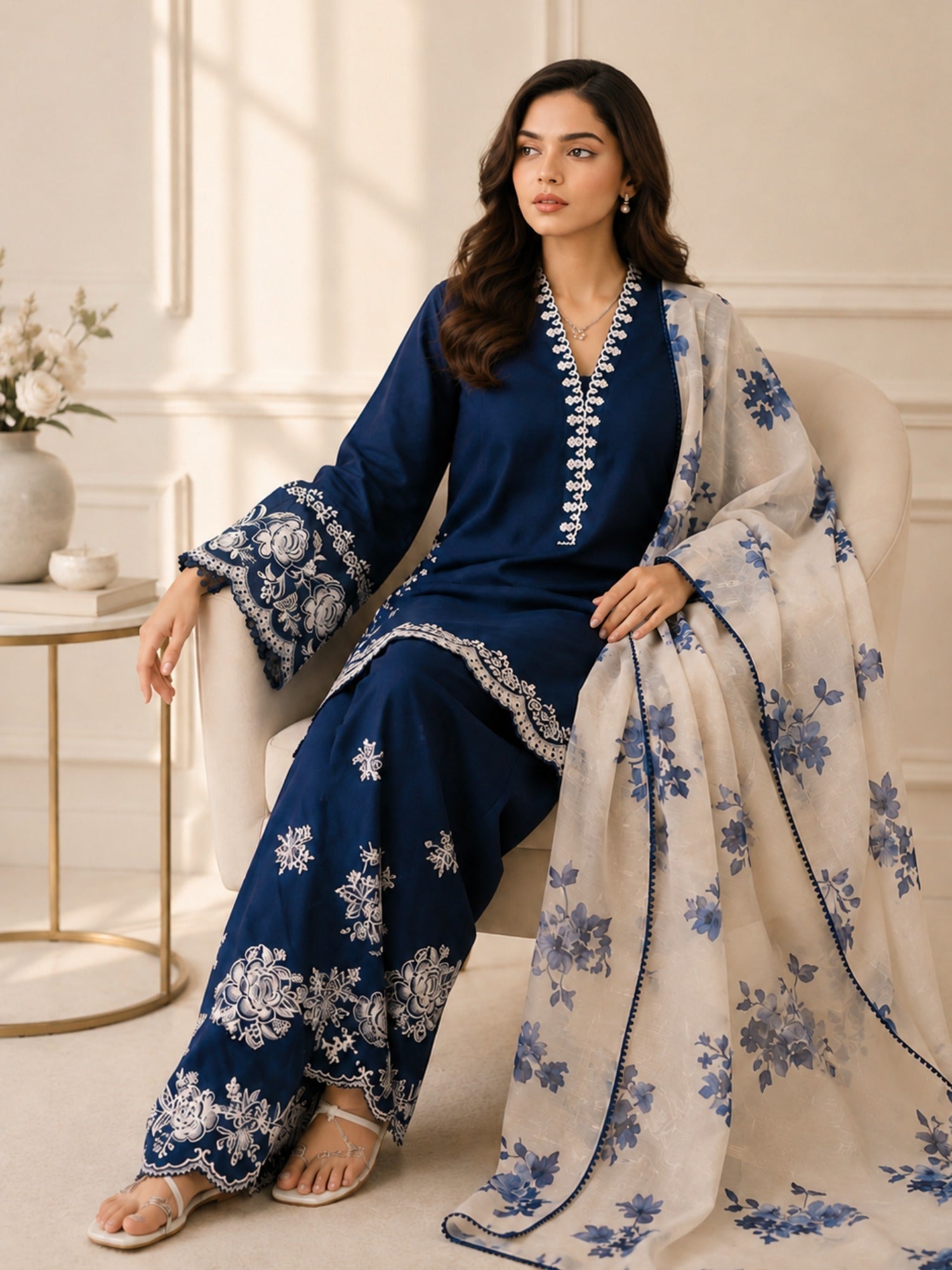 Blue Alina Lime Lawn Embroidered Stitched 3-Piece Suit-Blue Floral