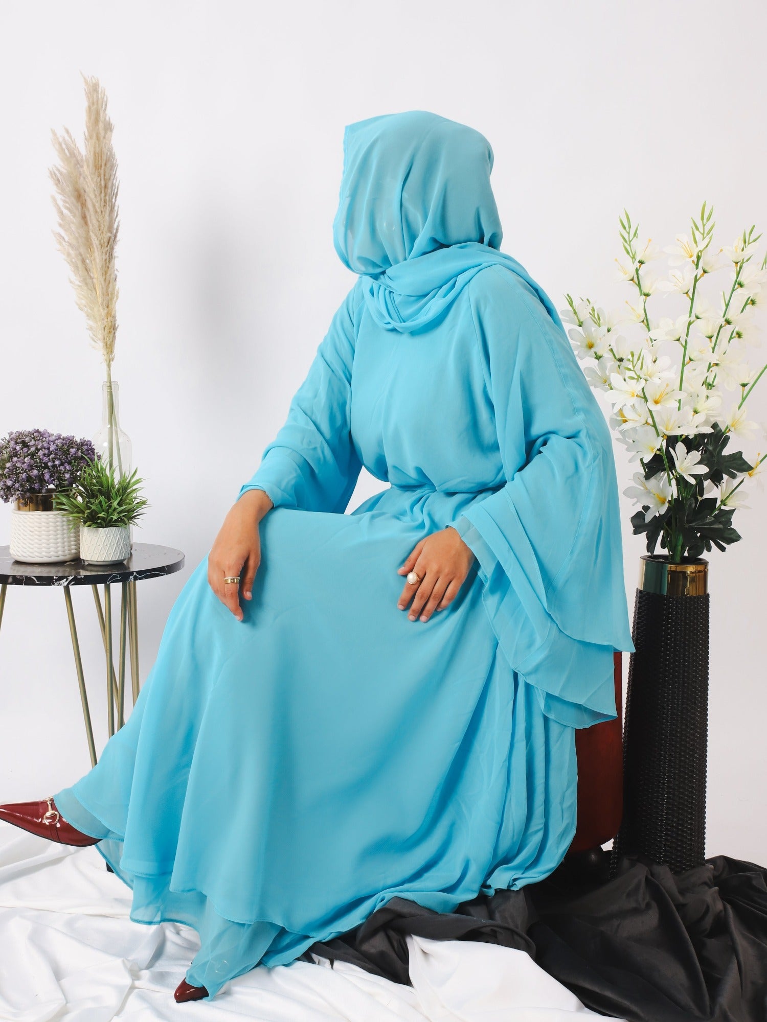 Blue-Nourah Moss Chiffon Abaya-Firoza