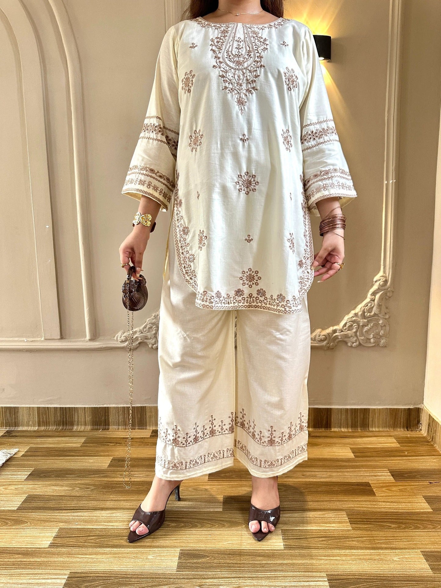 White-Tehzeeb Libas Lawn Embroidered Stitched 2-Piece Suit-Cream Villa