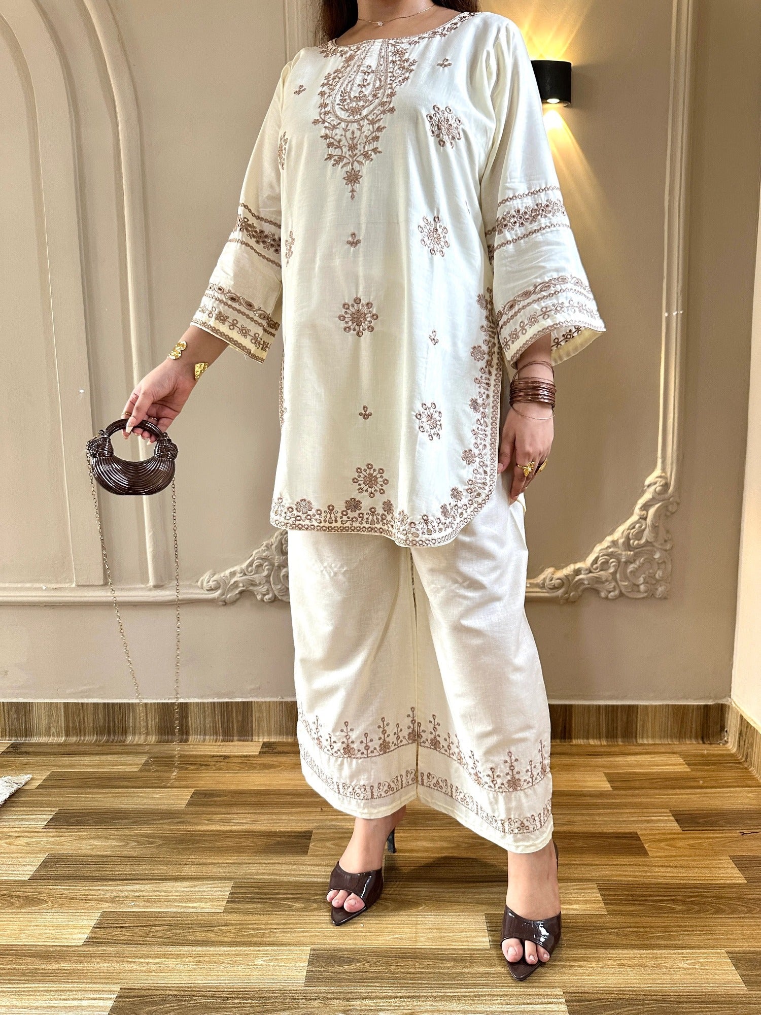 White-Tehzeeb Libas Lawn Embroidered Stitched 2-Piece Suit-Cream Villa