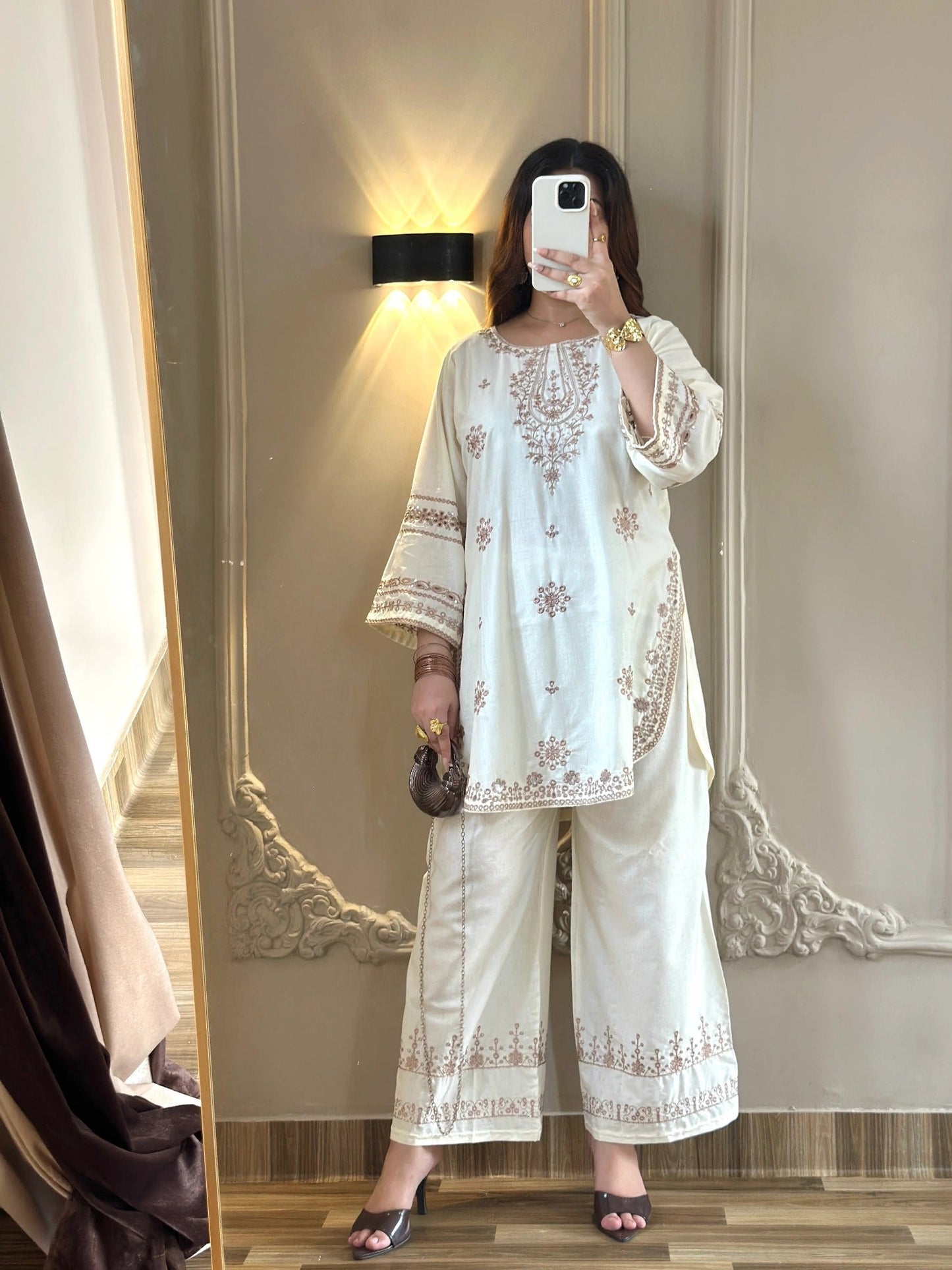 White-Tehzeeb Libas Lawn Embroidered Stitched 2-Piece Suit-Cream Villa