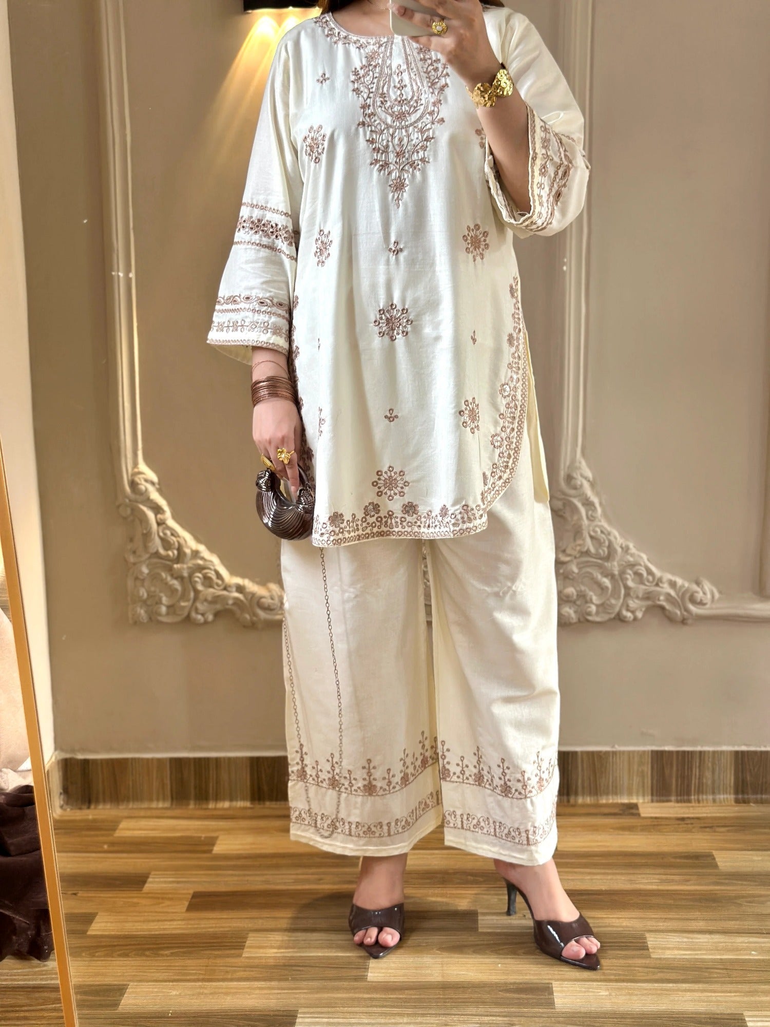 White-Tehzeeb Libas Lawn Embroidered Stitched 2-Piece Suit-Cream Villa