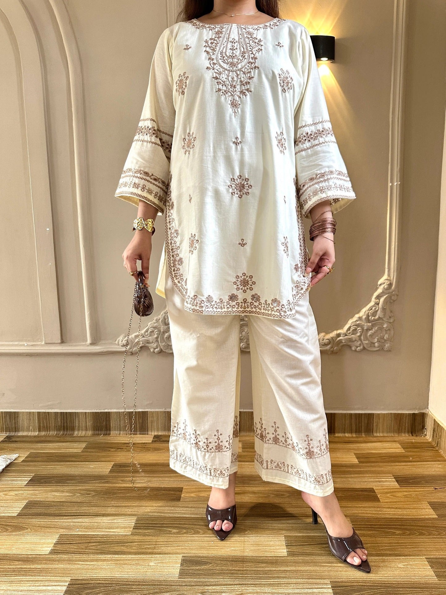 White-Tehzeeb Libas Lawn Embroidered Stitched 2-Piece Suit-Cream Villa