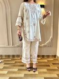 White-Tehzeeb Libas Lawn Embroidered Stitched 2-Piece Suit-Cream Villa