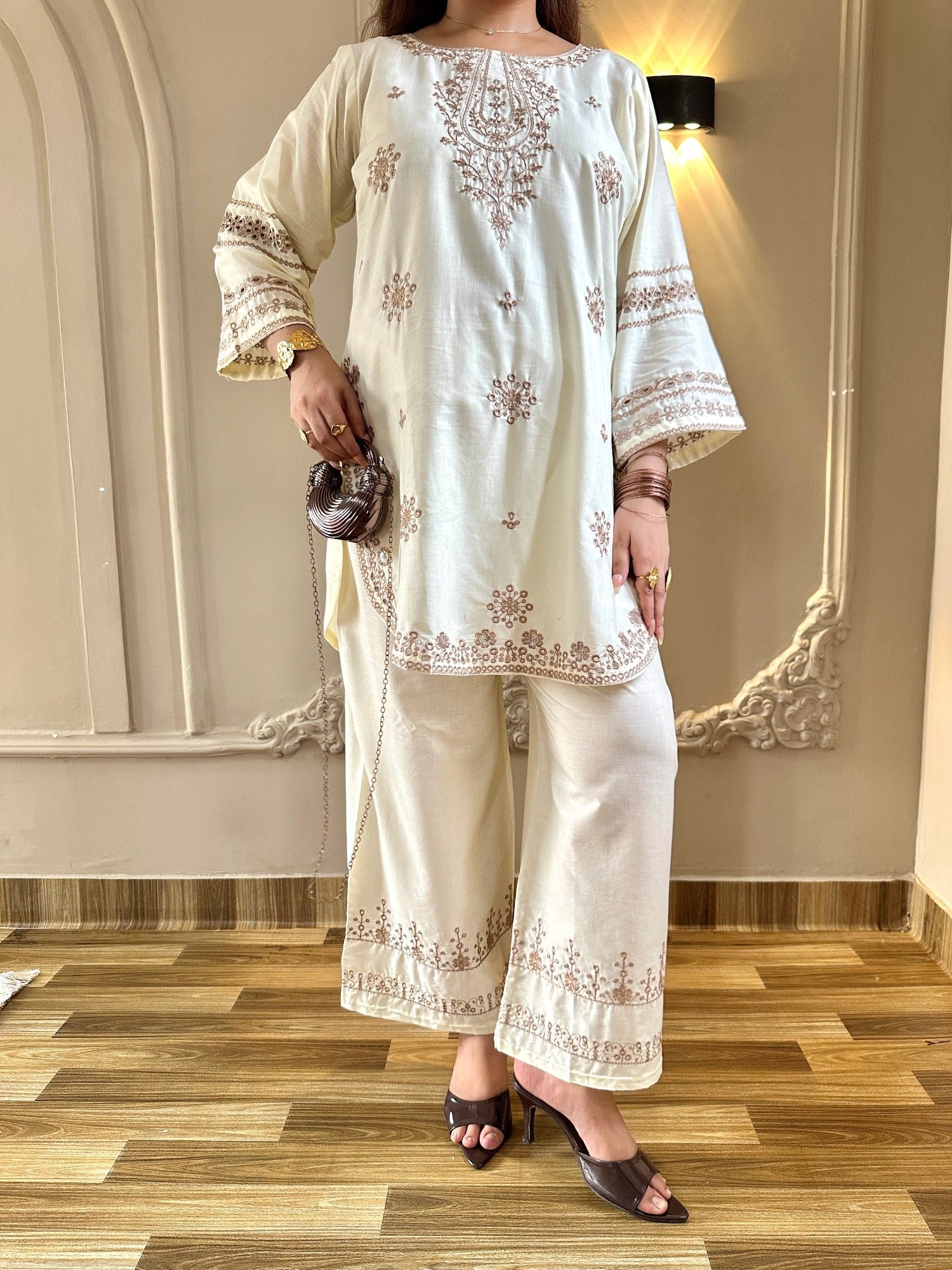 White-Tehzeeb Libas Lawn Embroidered Stitched 2-Piece Suit-Cream Villa