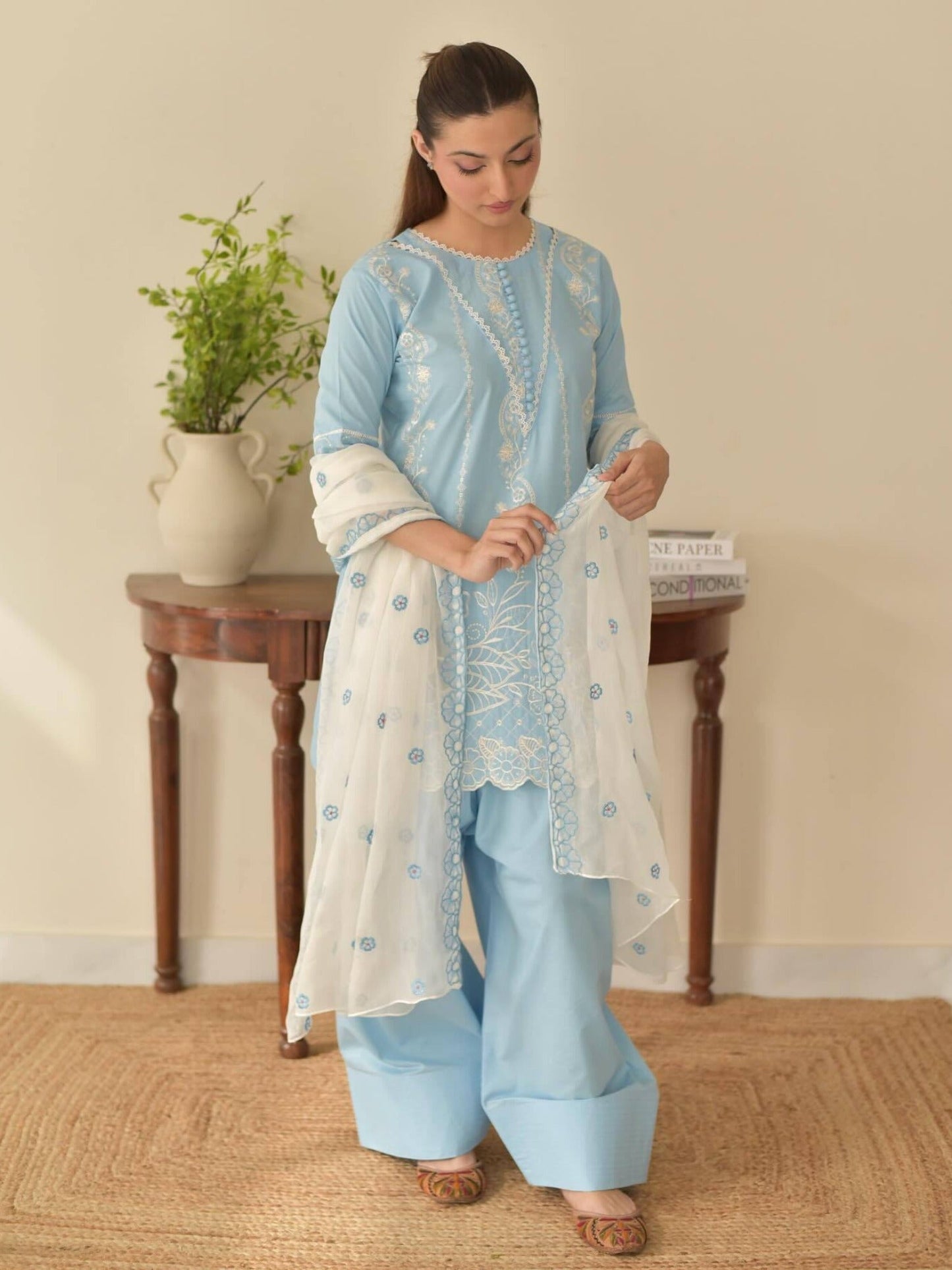 Blue-Tehzeeb Libas Lawn Embroidered Stitched 3-Piece Suit-Soraya Sky