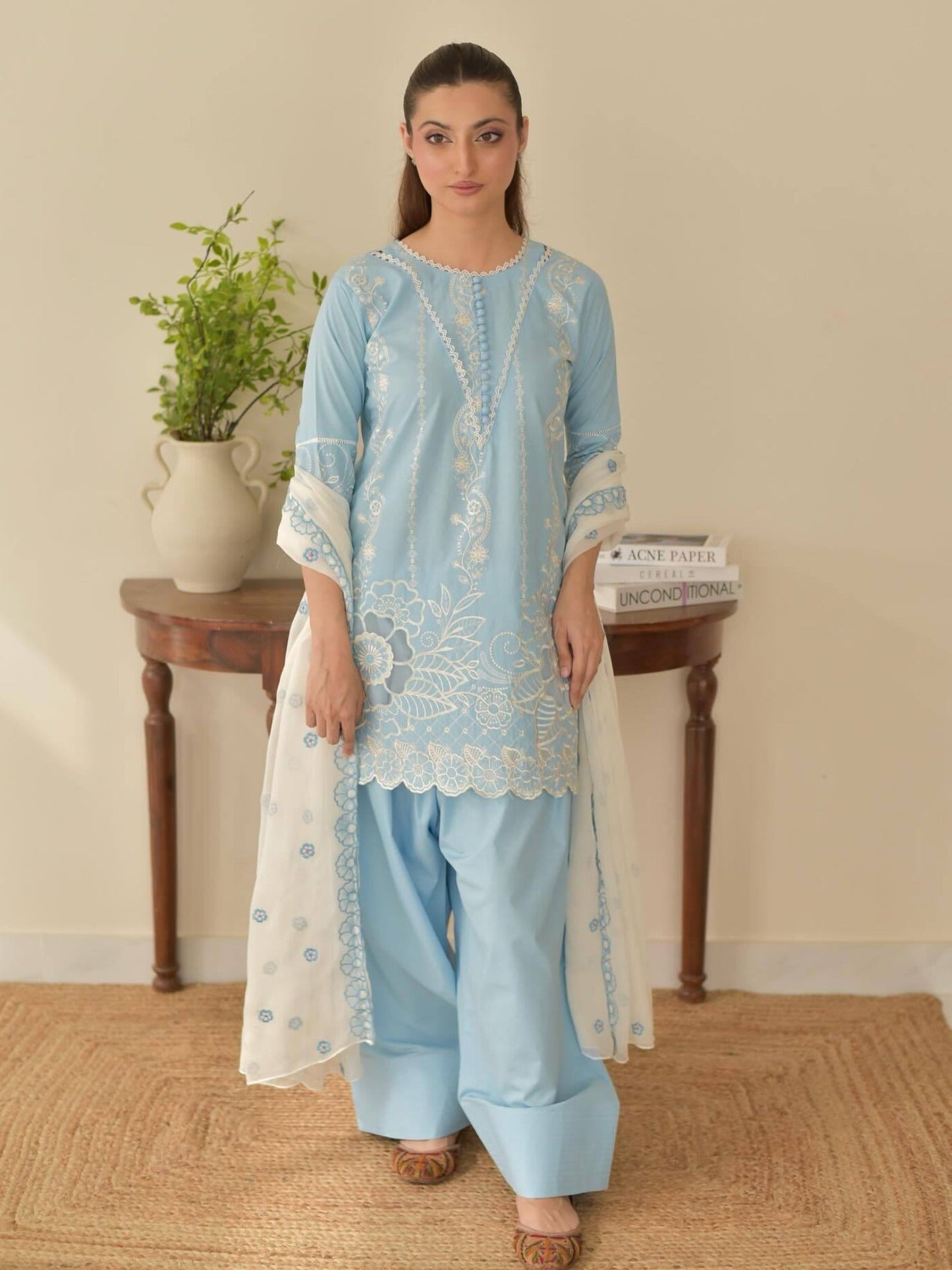 Blue-Tehzeeb Libas Lawn Embroidered Stitched 3-Piece Suit-Soraya Sky