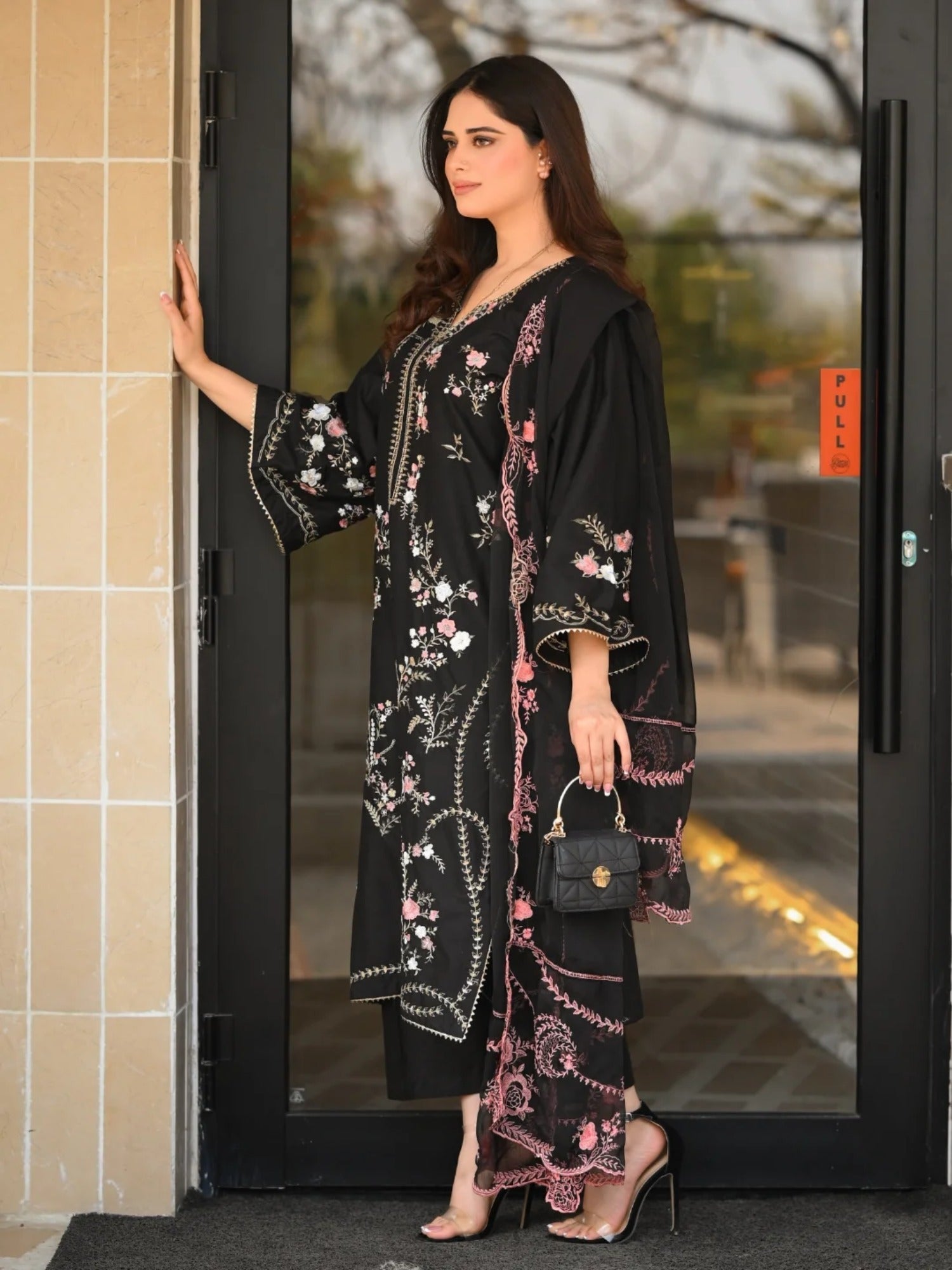 Black Tehzeeb Libas Lawn Embroidered Stitched 3-Piece Suit-Hania