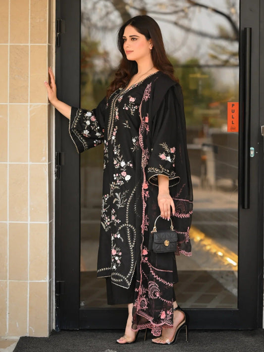 Black Tehzeeb Libas Lawn Embroidered Stitched 3-Piece Suit-Hania