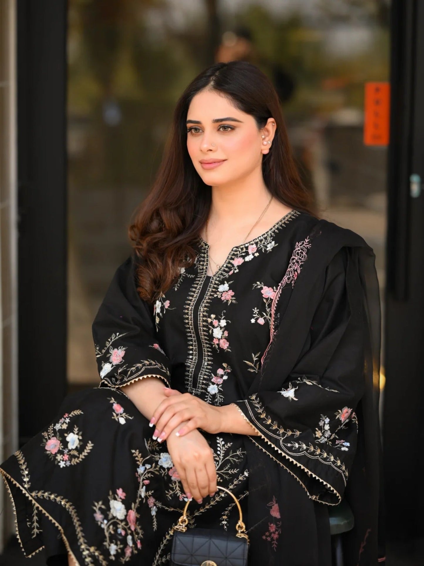 Black Tehzeeb Libas Lawn Embroidered Stitched 3-Piece Suit-Hania