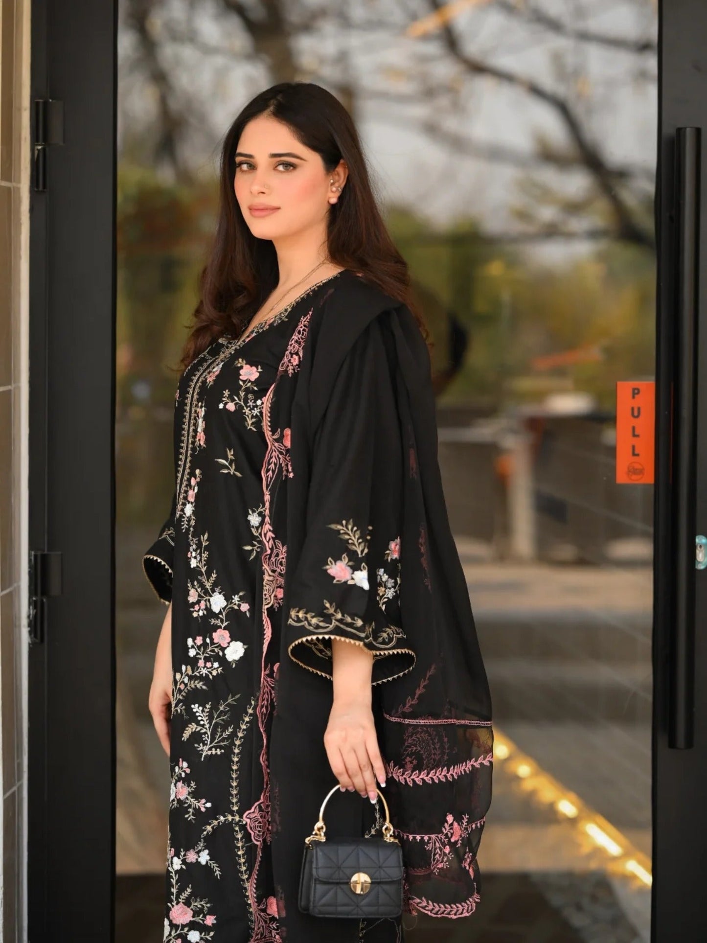 Black Tehzeeb Libas Lawn Embroidered Stitched 3-Piece Suit-Hania