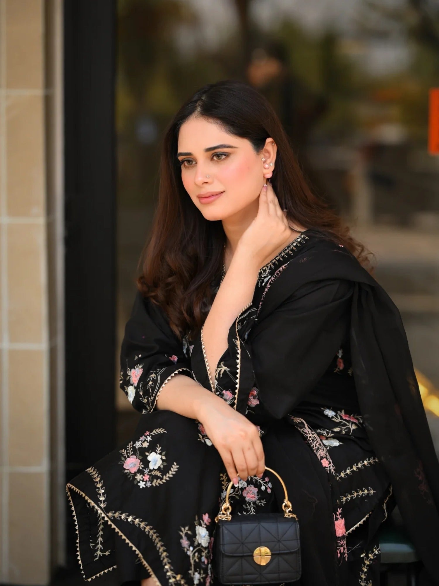 Black Tehzeeb Libas Lawn Embroidered Stitched 3-Piece Suit-Hania