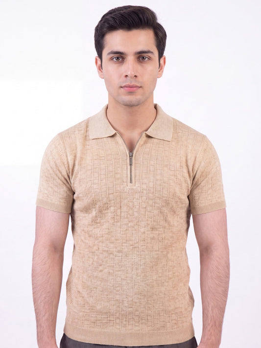 Beige - Salaar Clothing Cotton Textured Polo Shirt-Off white