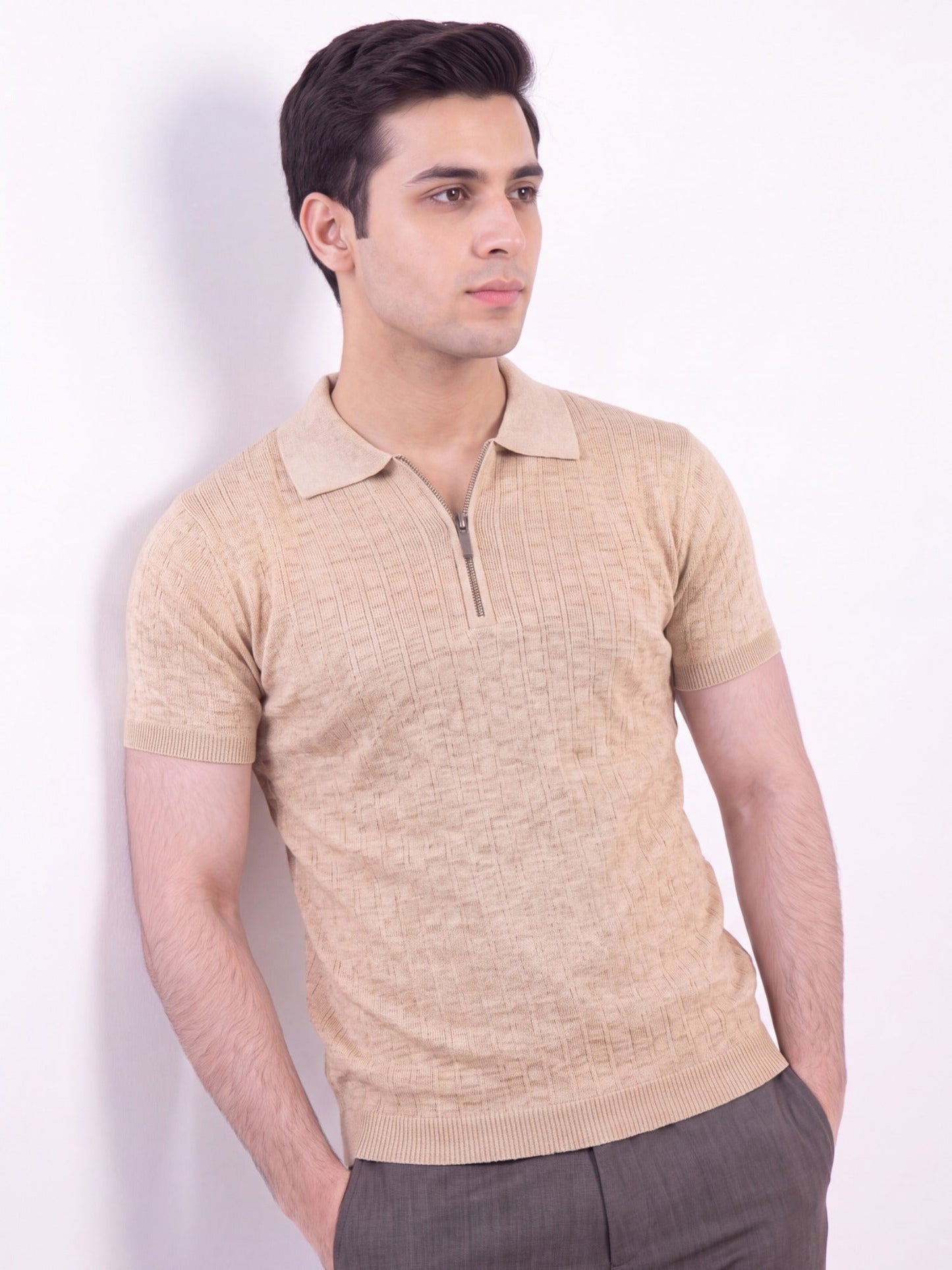 Beige - Salaar Clothing Cotton Textured Polo Shirt-Off white